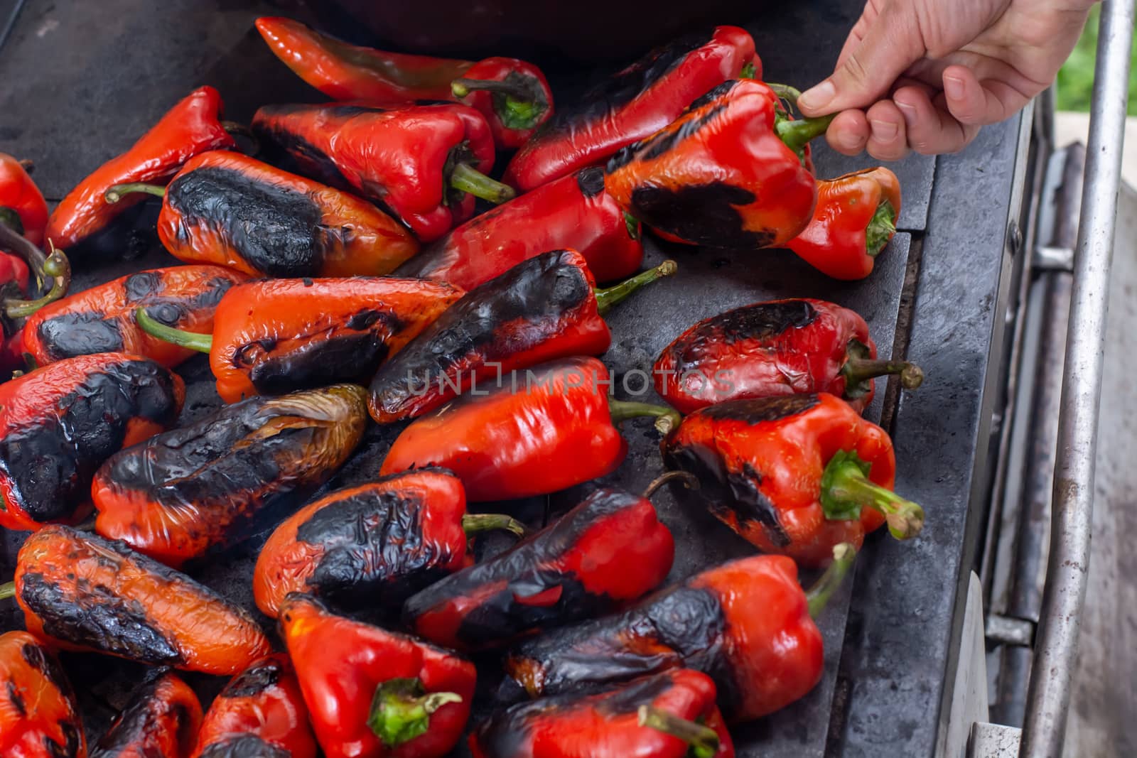 Red peppers roasting on a wood-fired stove in preparation for making ajvar, a traditional serbian dish