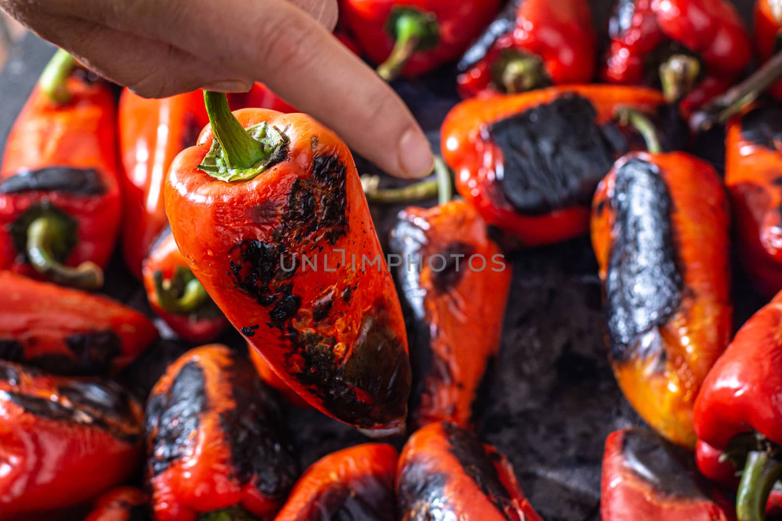 Red peppers roasting on a wood-fired stove in preparation for making ajvar, a traditional serbian dish