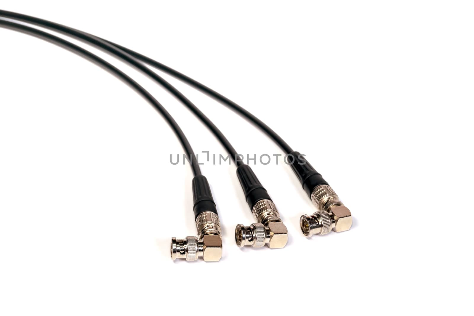 BNC connector jack with cable for video signal isolated on white background.