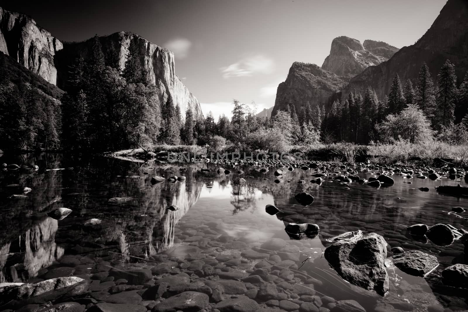 The view from within Yosemite Valley and Northside Drive of surrounding rock faces on a sunny autumn morning in California, USA