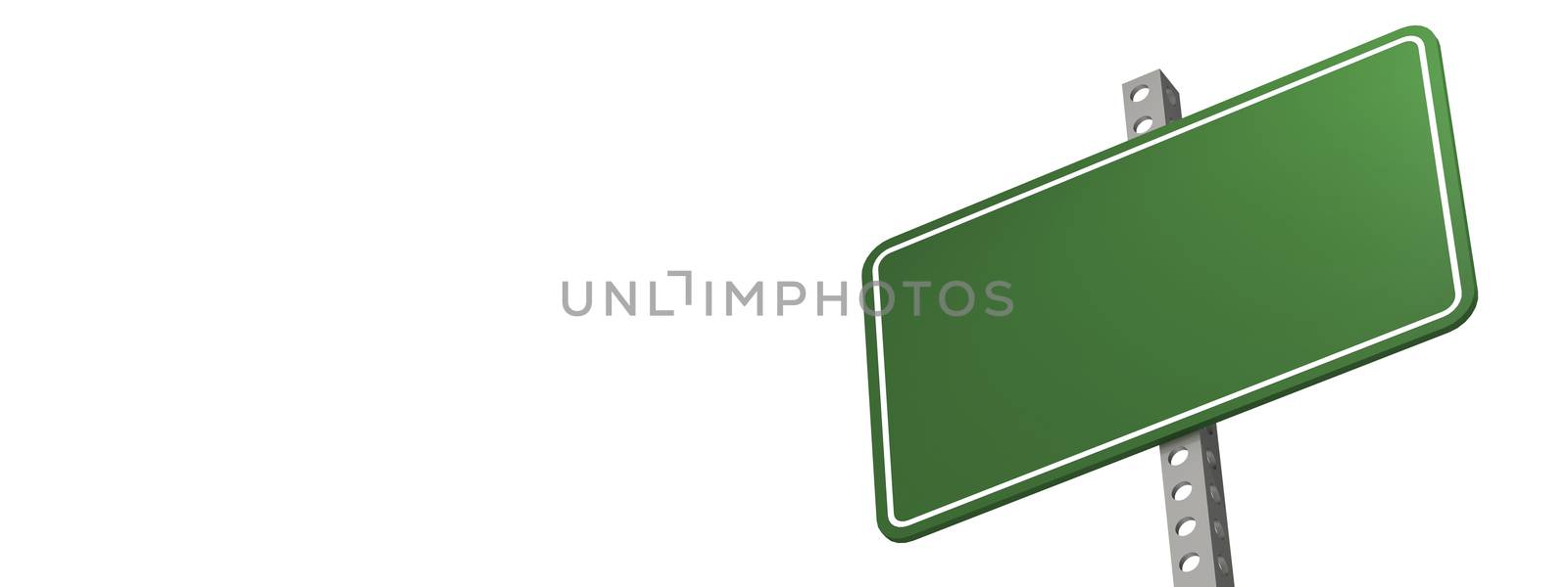 Green road sign isolated on white background, 3D rendering