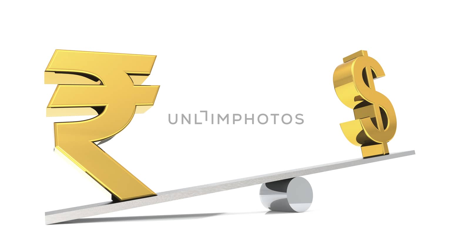 India rupee and dollar sign on the balance bar, 3D rendering