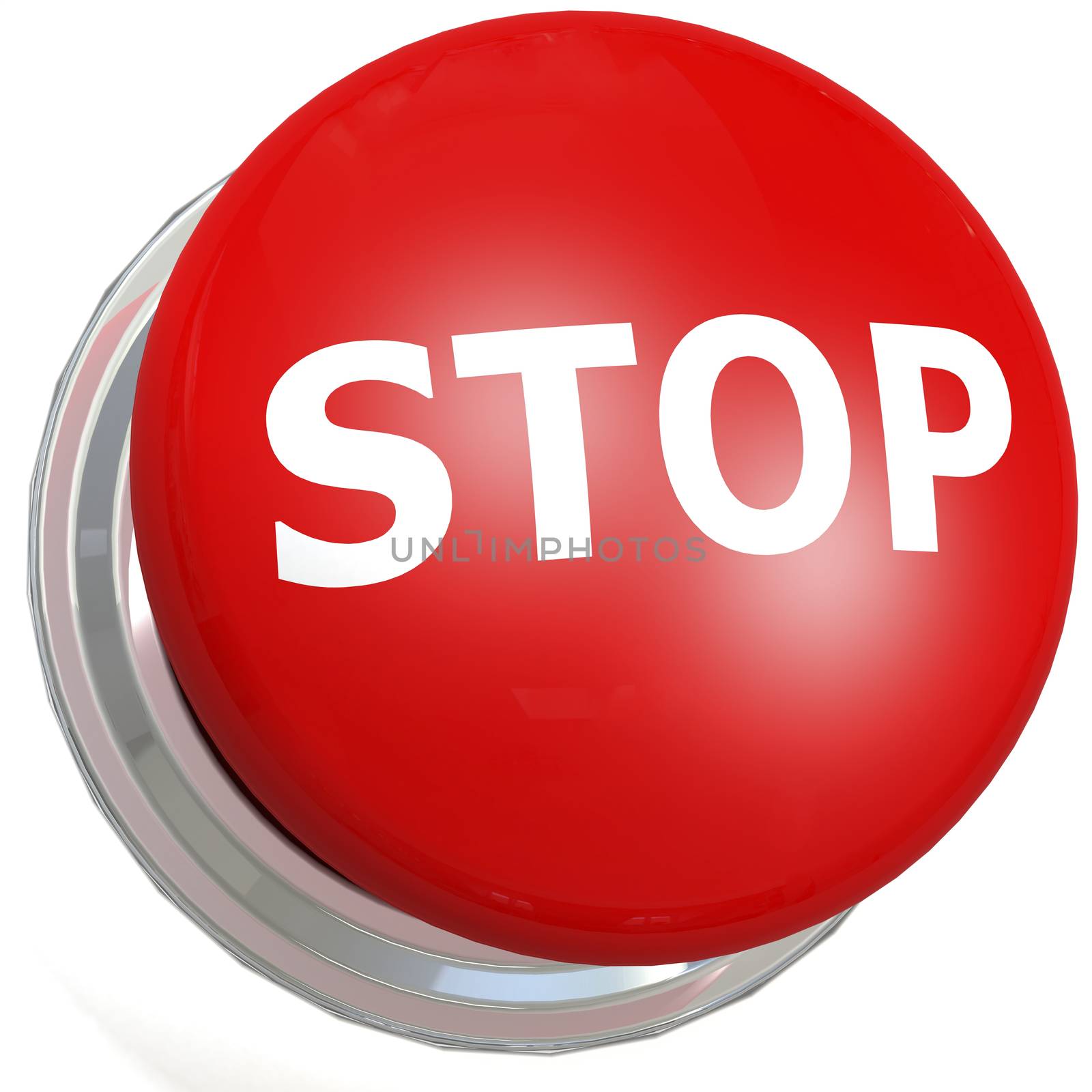 Red stop button with metal ring, 3D rendering