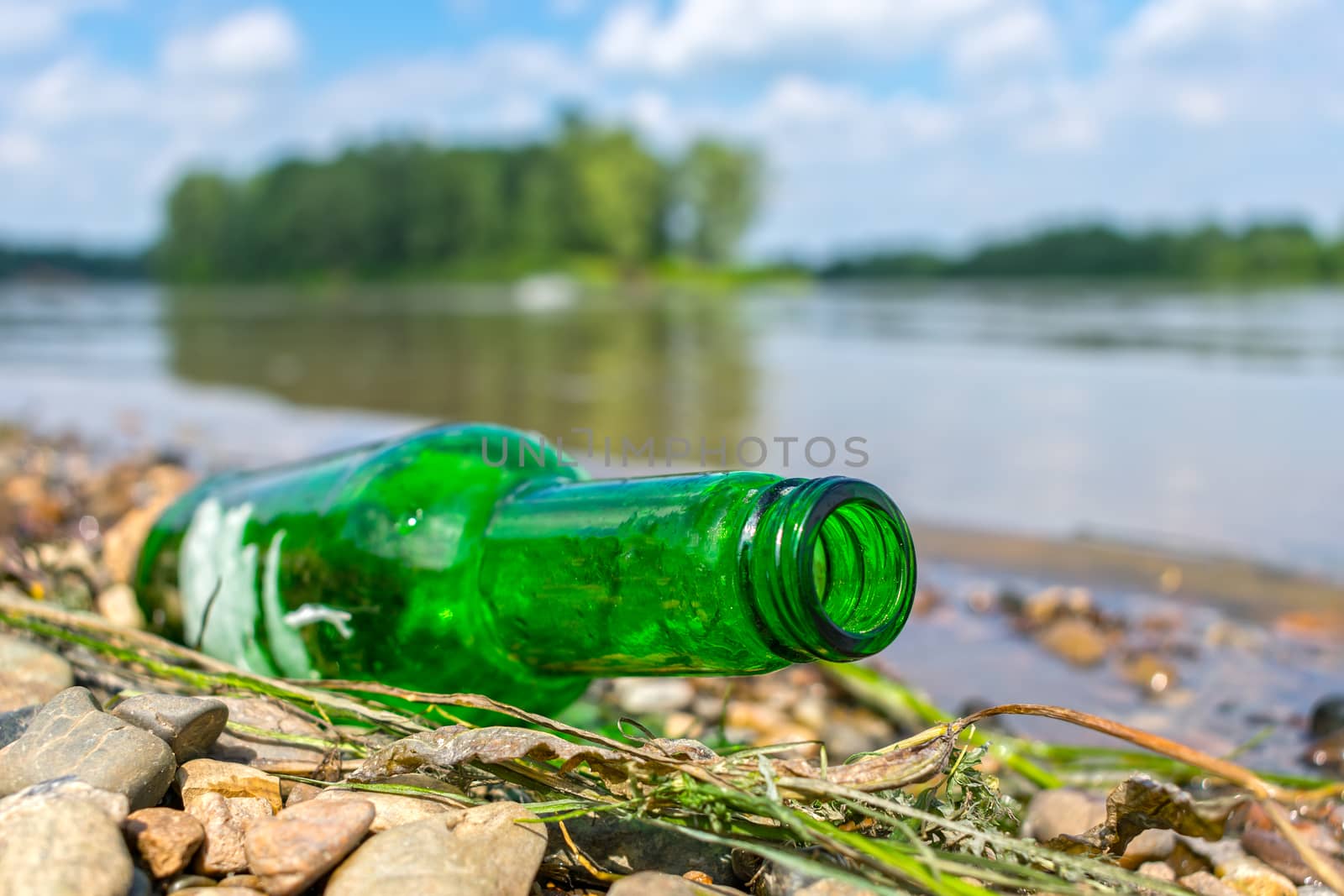 Glass bottle thrown ashore pollutes and harms nature