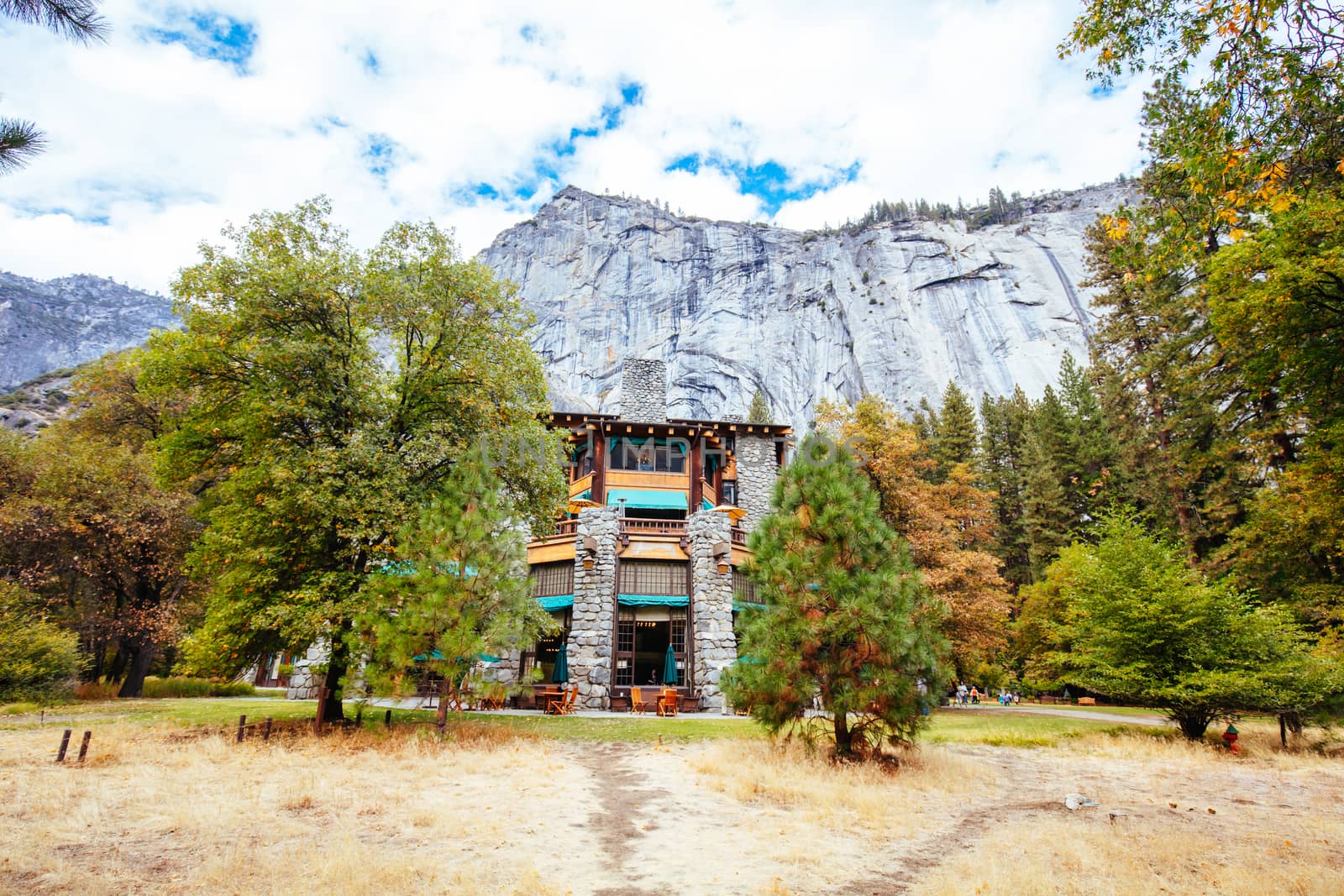 Yosemite, USA - October 14th 2016: The grounds surrounding the Ahwahnee Hotel in the center of Yosemite Valley in California, USA