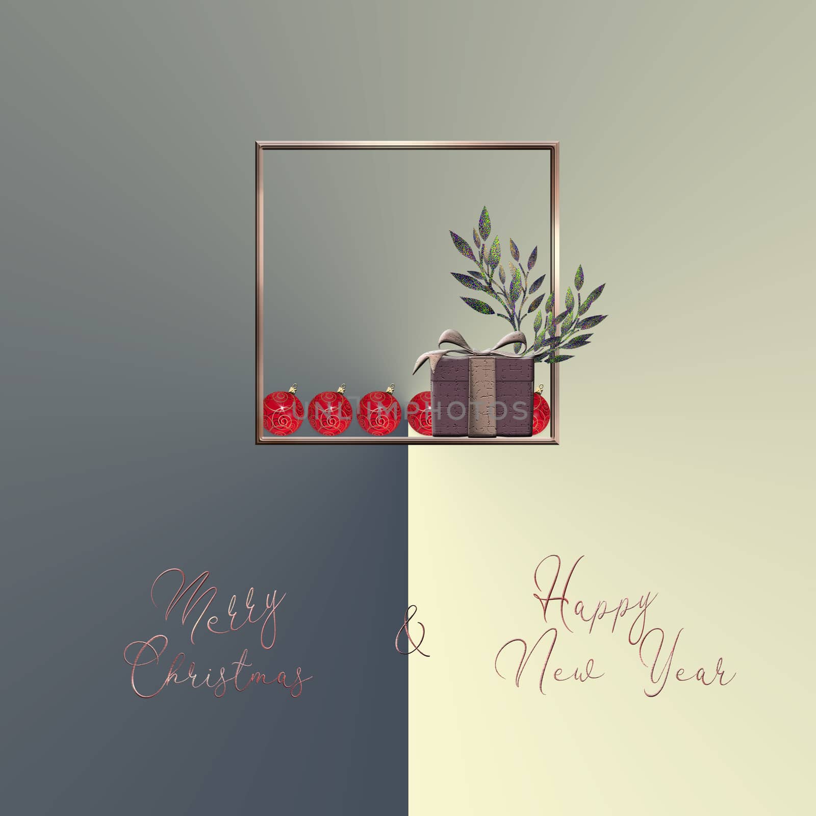 Elegant Merry Christmas Happy New Year card in 3D illustration. Baubles, gift box, gold frame on pastel background. Text Merry Christmas Happy New Year.