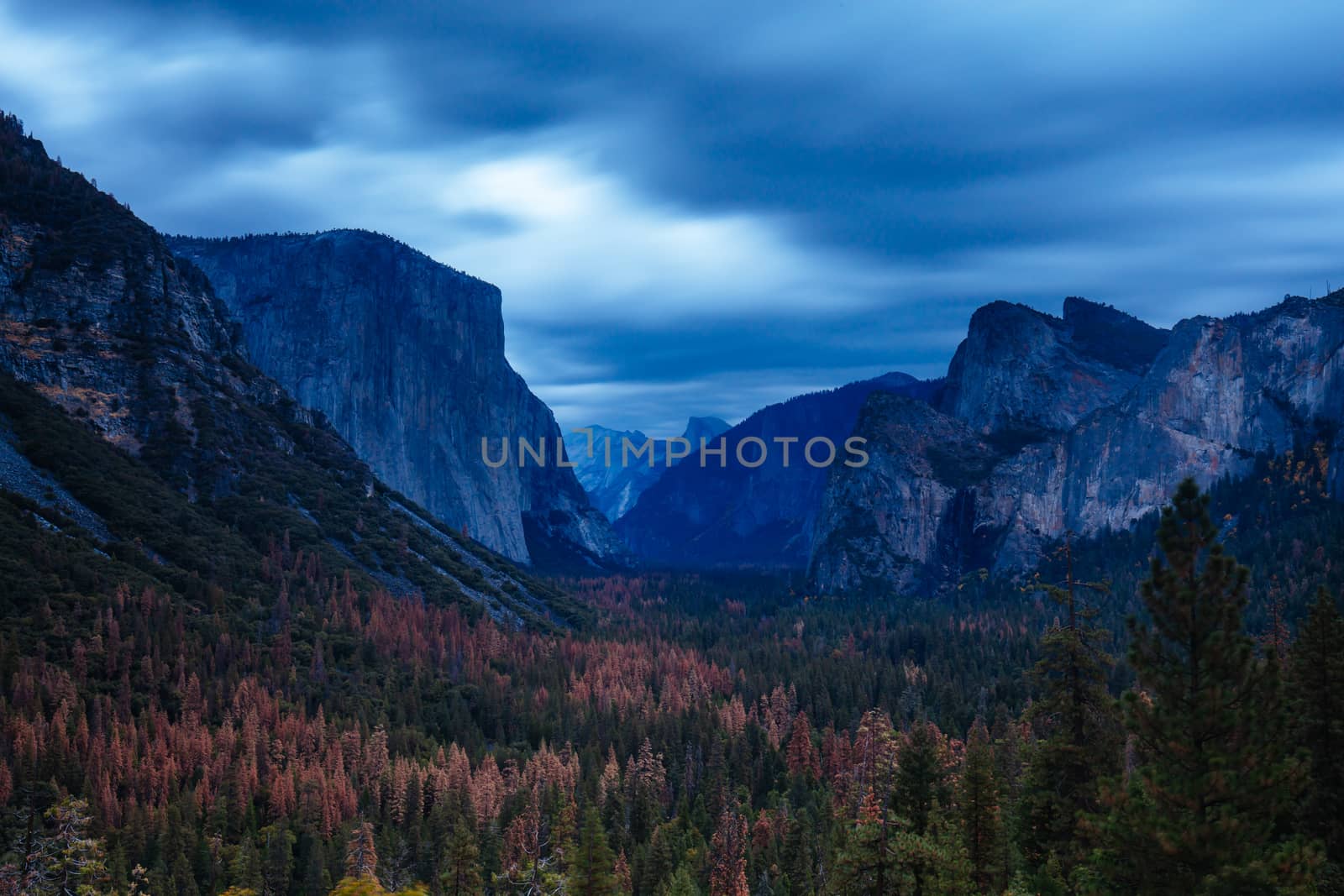 The iconic view of Yosemite Valley and the magnificent El Capitan in a storm from Tunnel View in California, USA