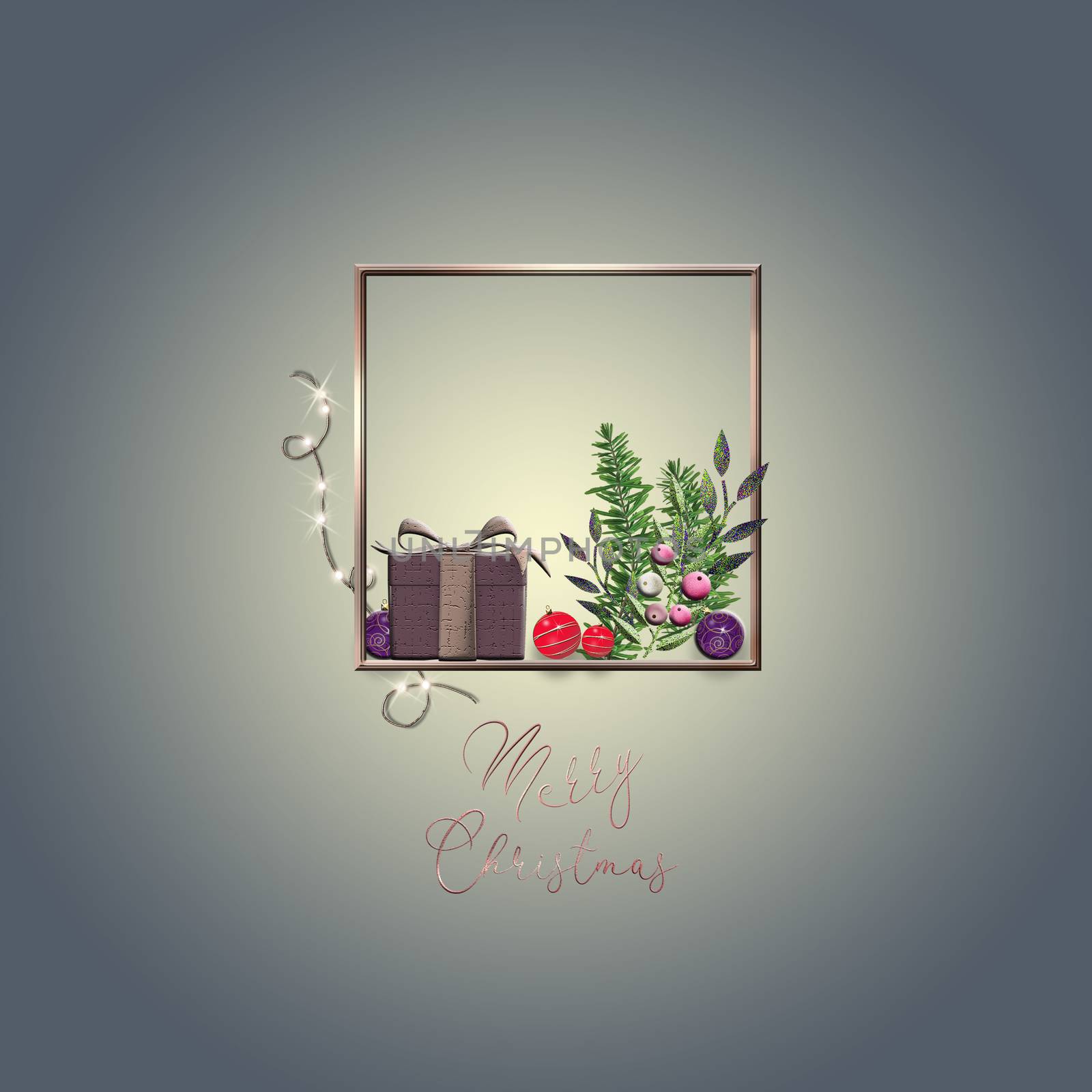 Christmas gift box, baubles on blue pastel background. 3D illustration