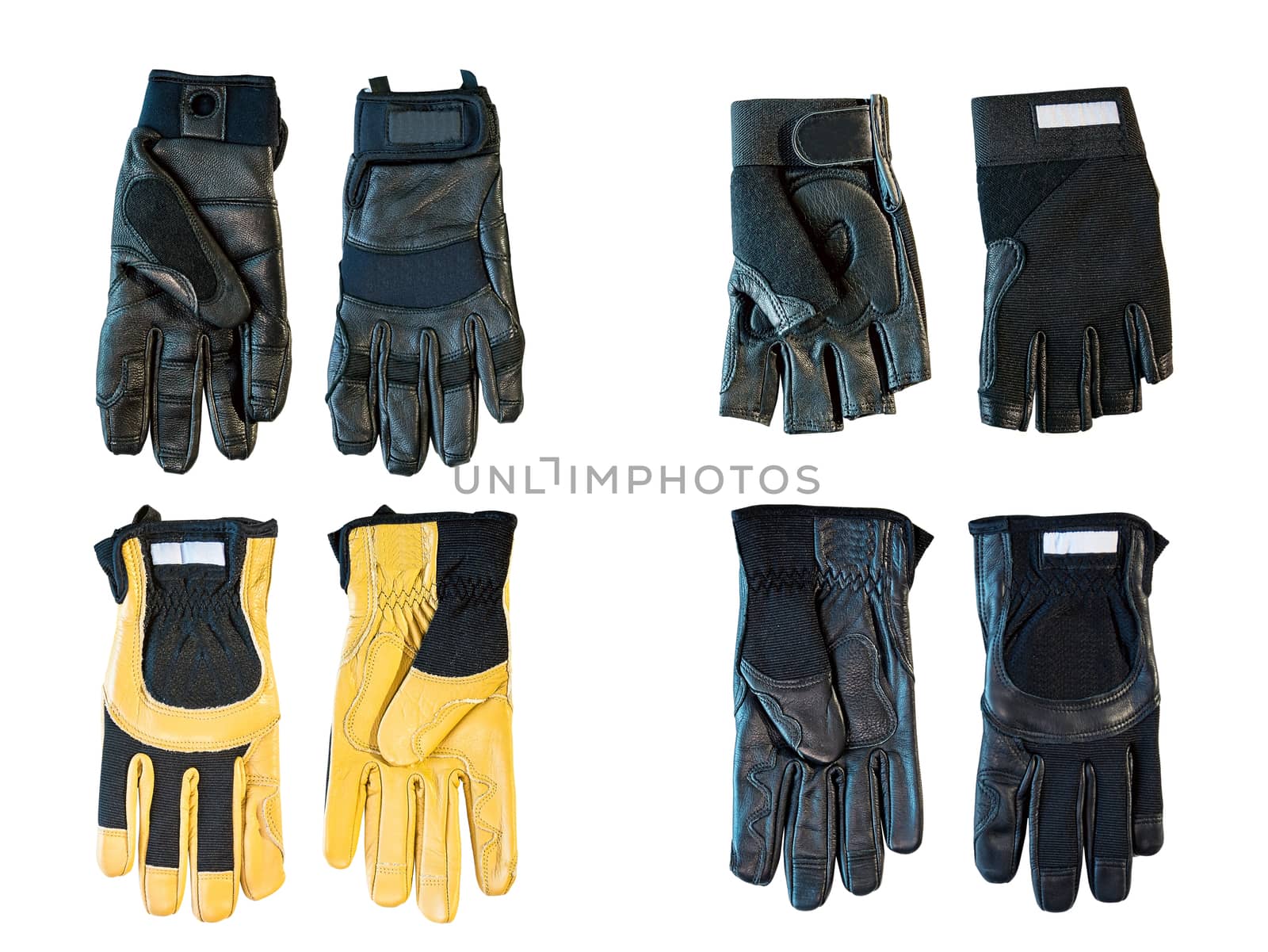 Group of collection leather gloves isolated on white background.