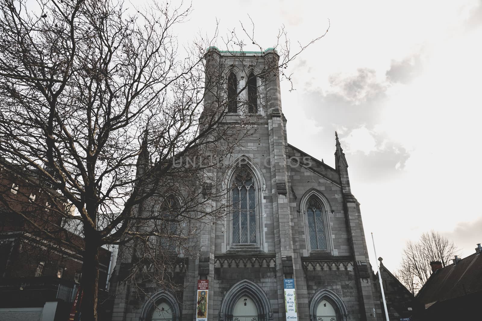 Dublin, Ireland - February 13, 2019: Architectural detail of St Philip and St James' Church on a winter day