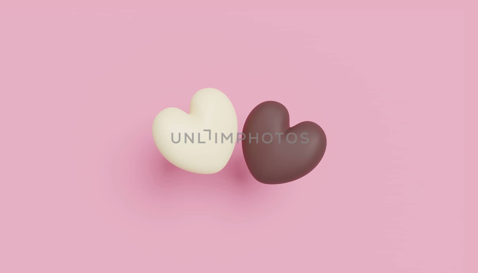 Love concept design of chocolate hearts on pink paper background with copy space 3d render