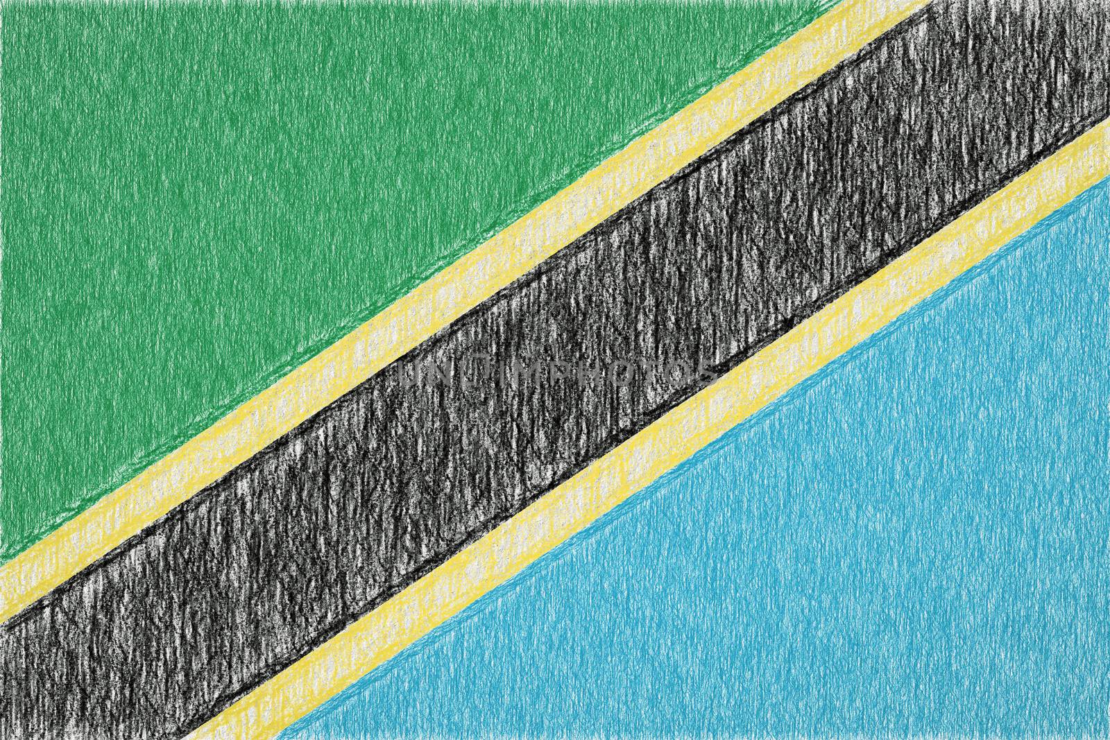 Tanzania painted flag. Patriotic drawing on paper background. National flag of Tanzania