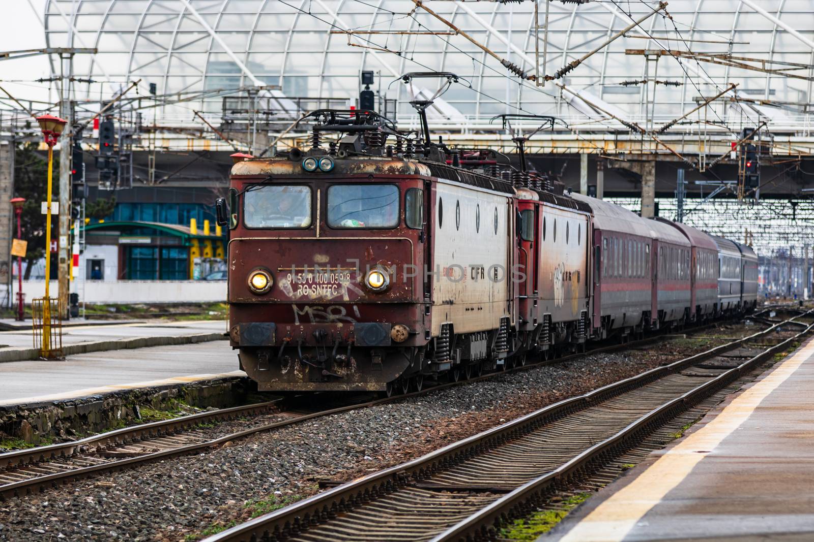 Changes and complications caused by coronavirus COVID-19 virus, world without crowds, empty train platform. No commuters, no travelers at the North Railway Station in Bucharest, Romania, 2020