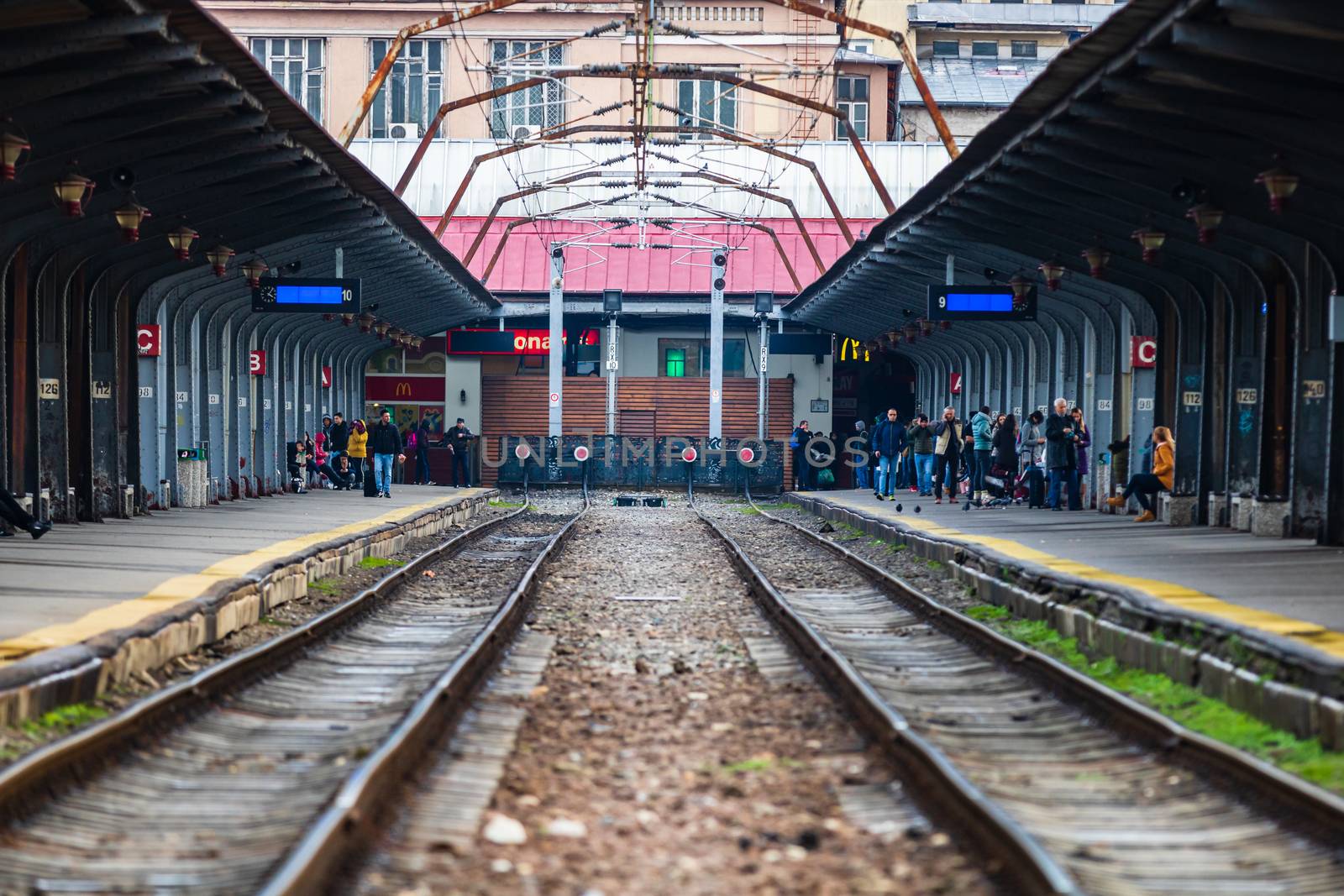 Changes and complications caused by coronavirus COVID-19 virus, world without crowds, empty train platform. No commuters, no travelers at the North Railway Station in Bucharest, Romania, 2020