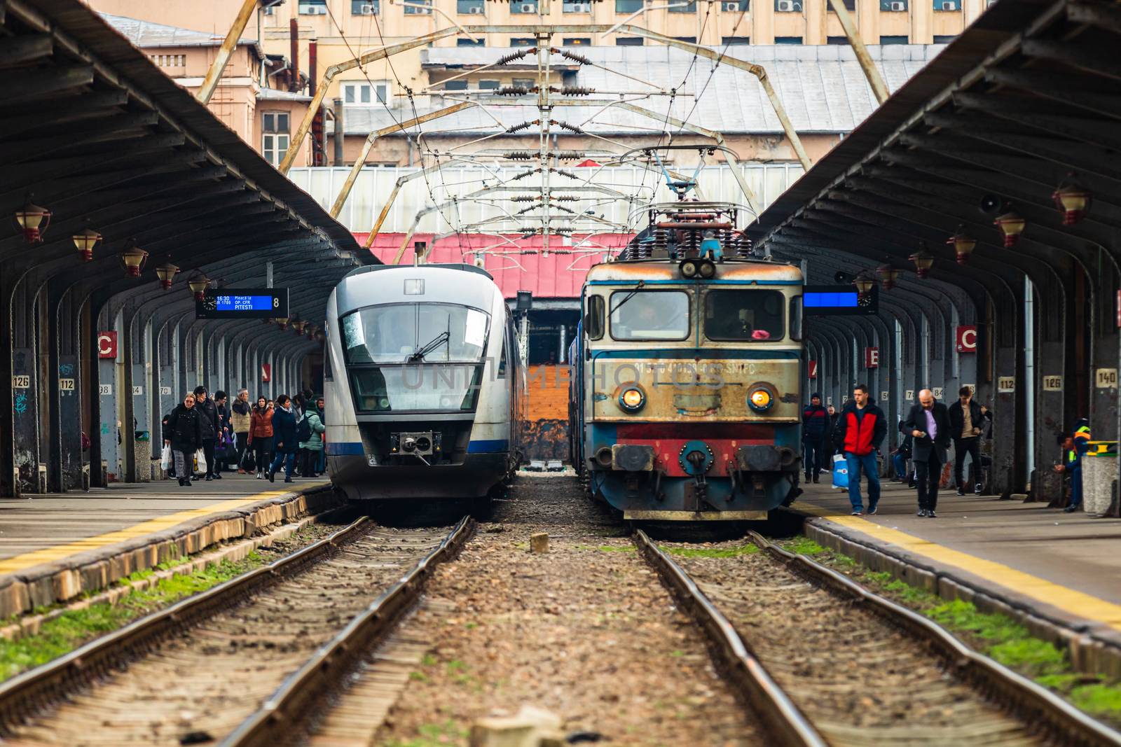 Changes and complications caused by coronavirus COVID-19 virus, world without crowds, empty train platform. No commuters, no travelers at the North Railway Station in Bucharest, Romania, 2020