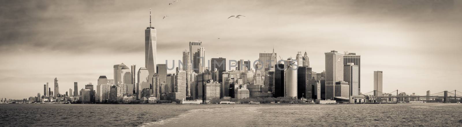 Sepia Toned Panorama Of The Manhattan, NYC Skyline As Taken From Staten Island