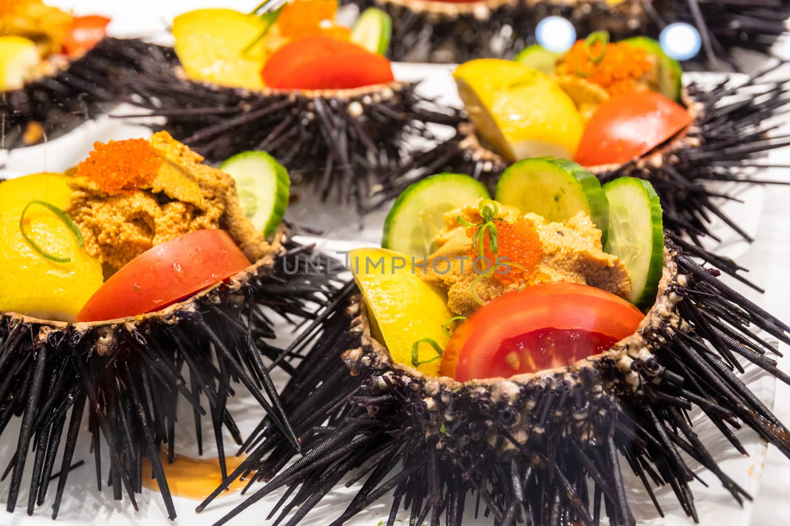 Close-up of raw sea urchins dressed with lemon, cucumber and tomotoes