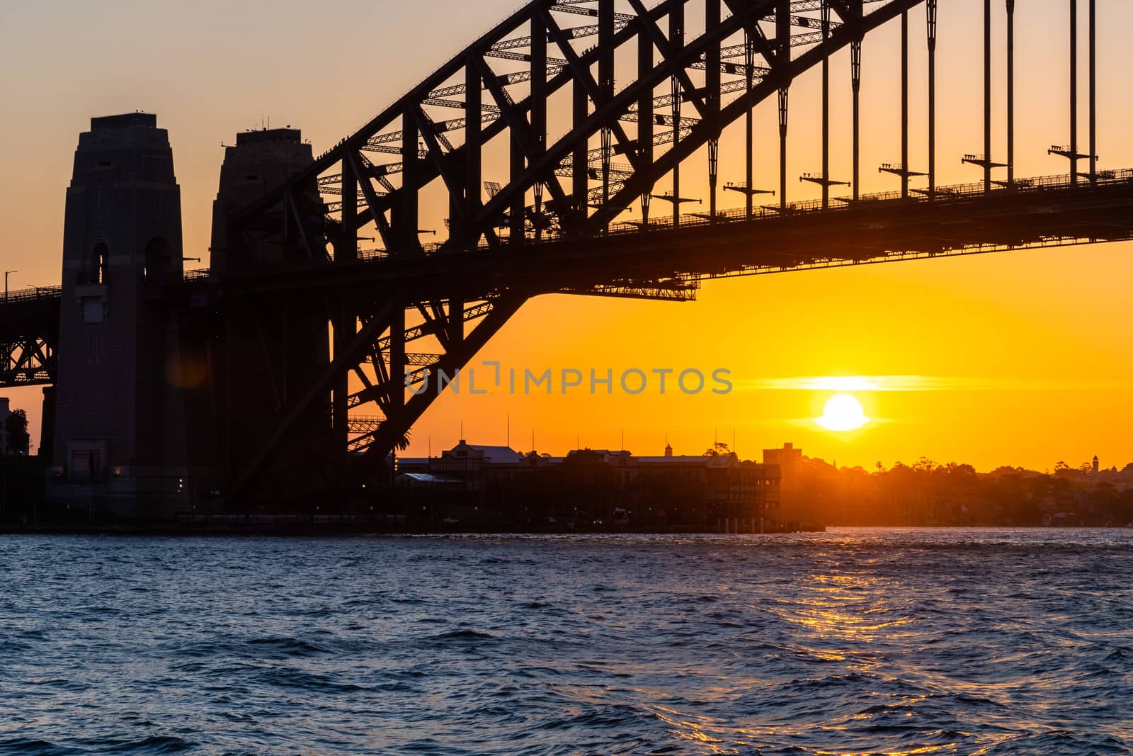 Backlight image of Harbour Bridge at sunset, Sydney, Australia