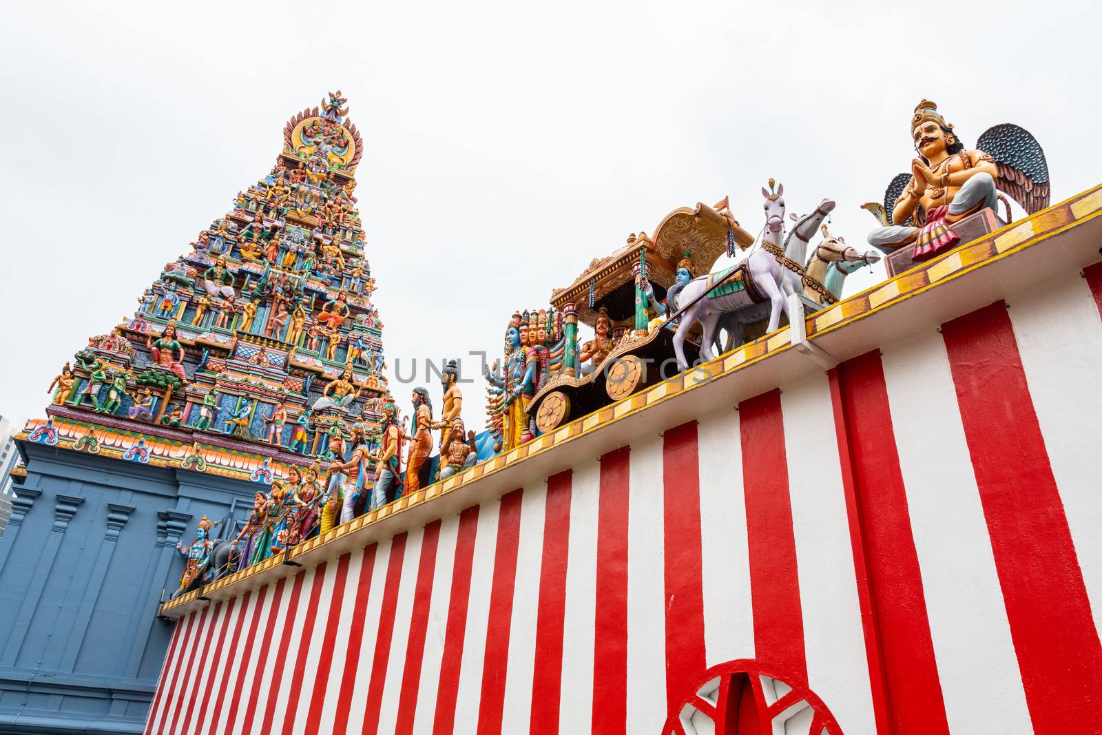Low angle view from outside the Sri Veeramakaliamman Temple in Singapore