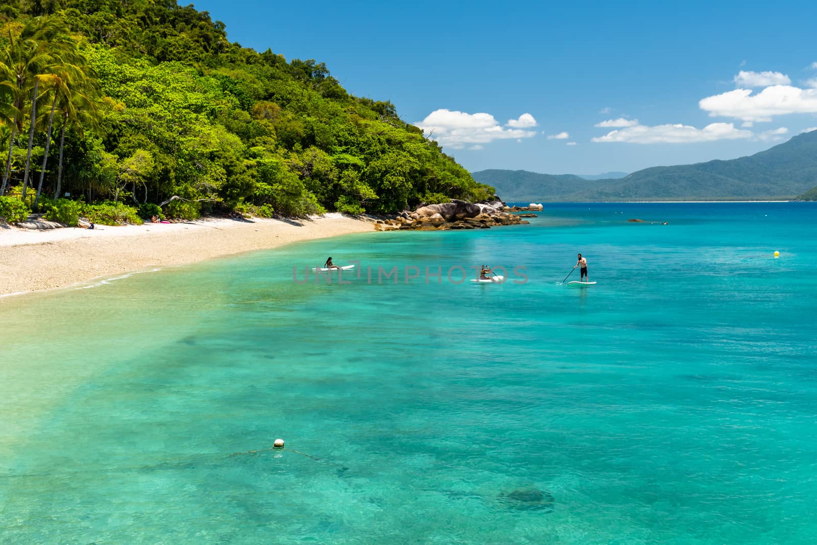 coastline of the tropical Fitzroy Island surrounded by the barrier reef. Vivid colours of a sunny day with blue sky. Queensland, Australia