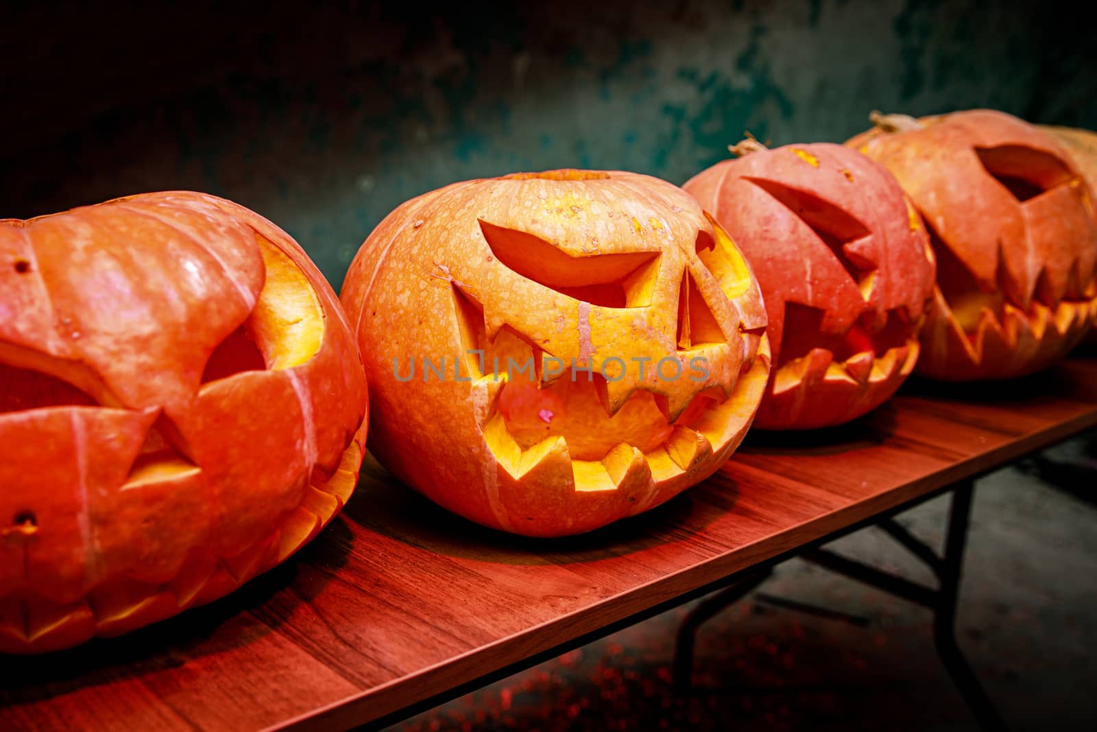 Row of pumpkins for Halloween on wooden table. by 9parusnikov