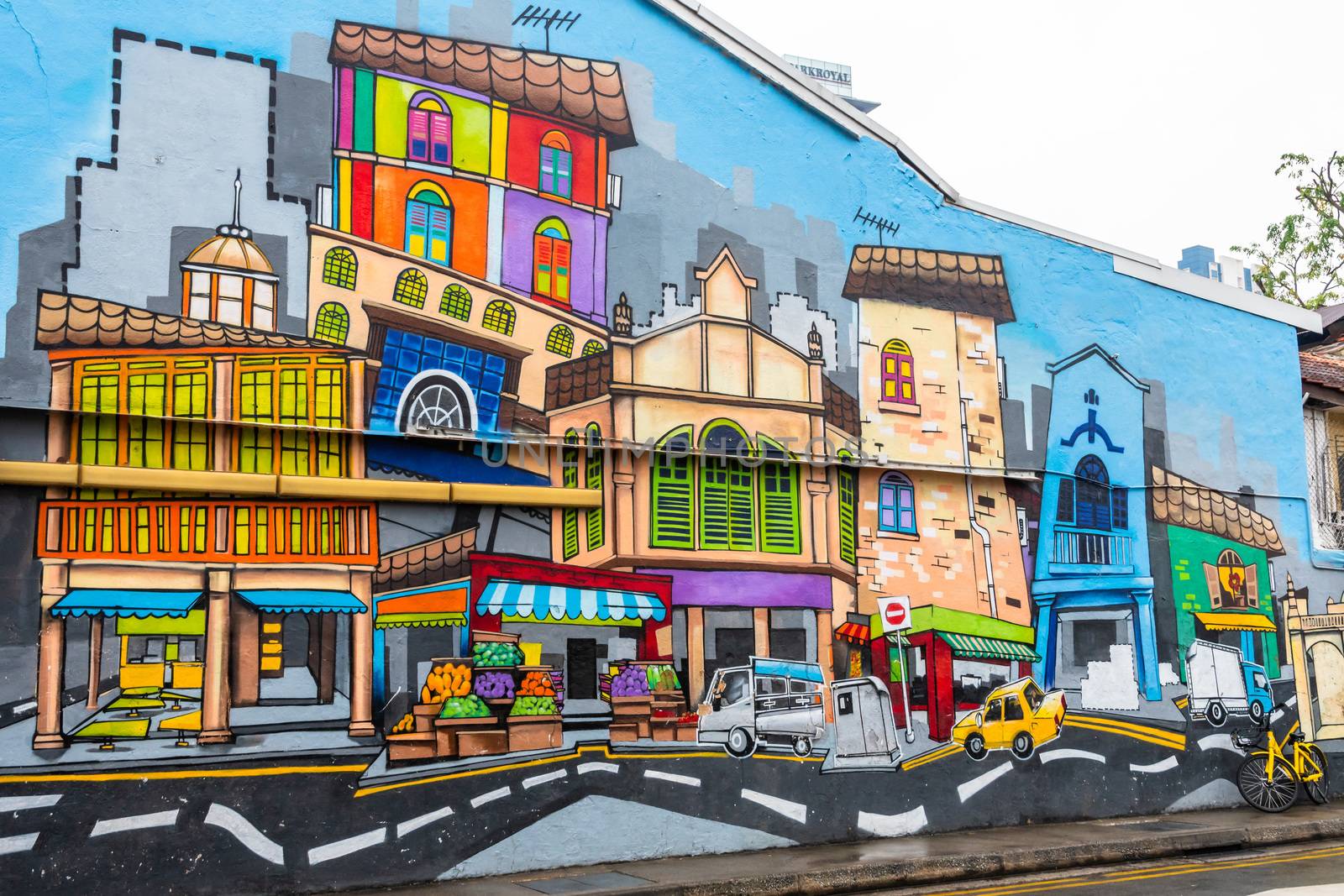 Colourful city painted on the side wall of a house in Singapore
