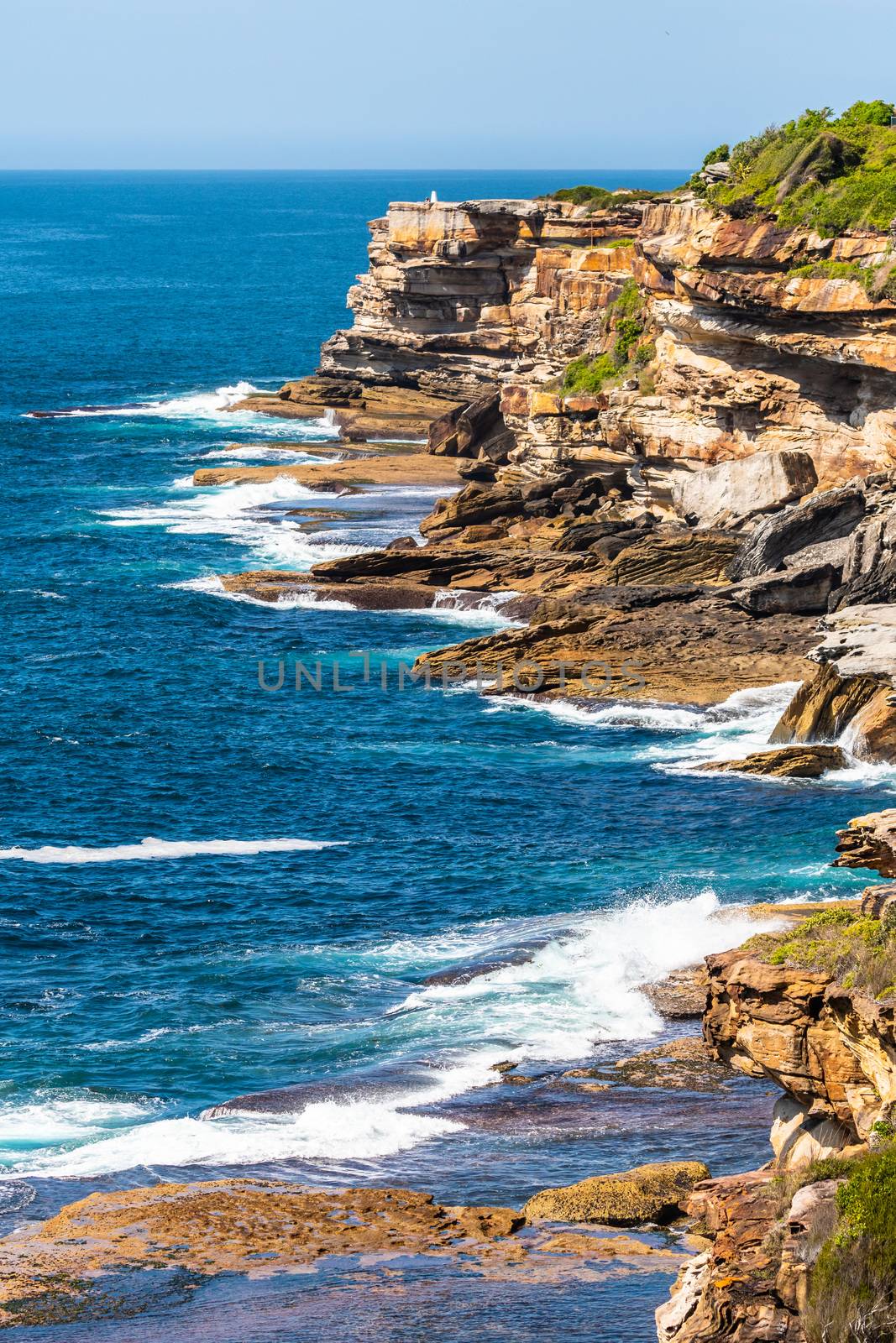 Panoramic view of coogee to bondi costal walk in a sunny day