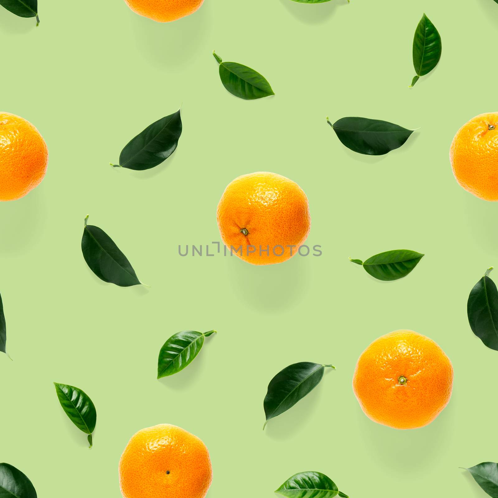 Mandarine seamless pattern, tangerine, clementine isolated on green background with green leaves. Collection of fine seamless patterns. by PhotoTime