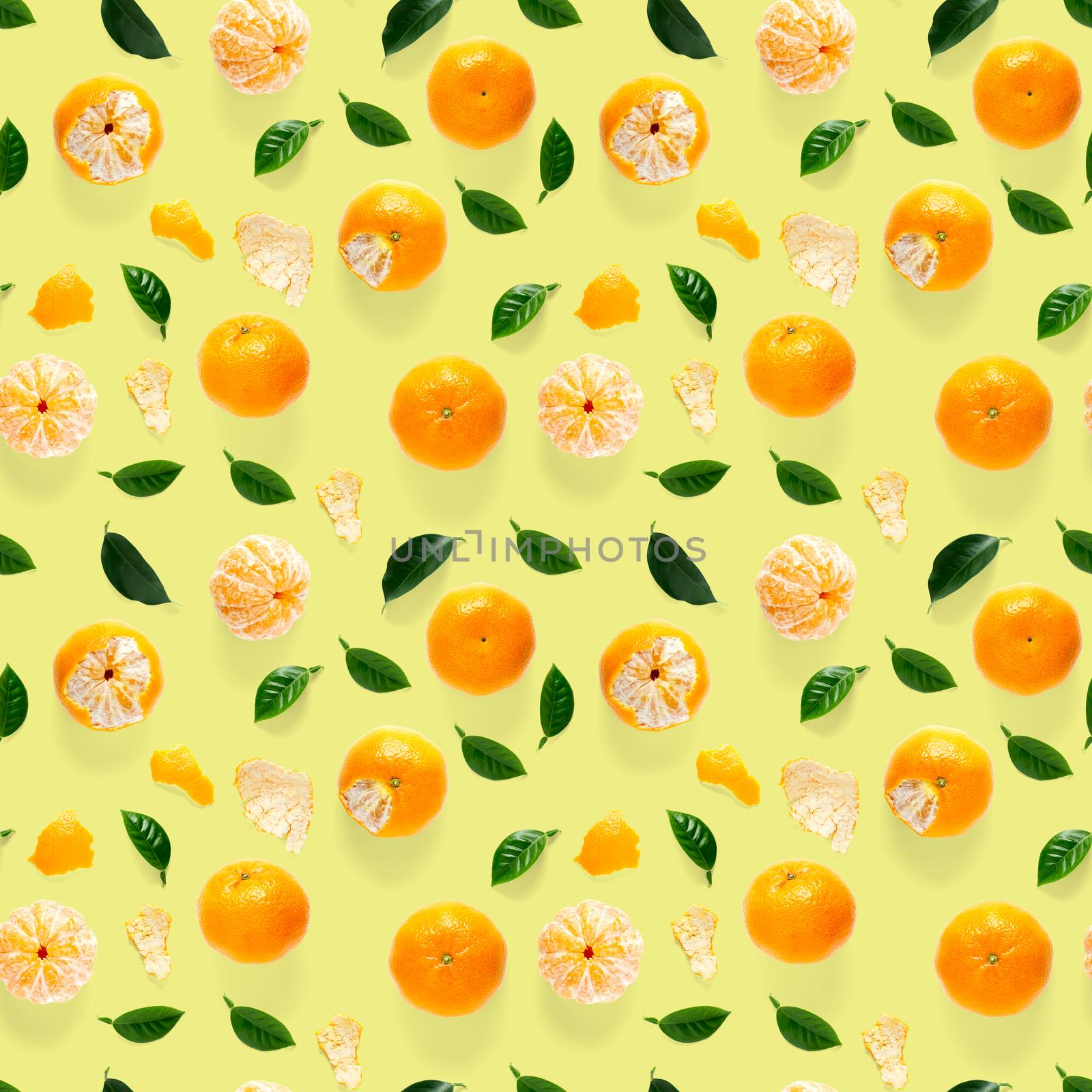 Mandarin seamless pattern, tangerine, clementine isolated on yellow background with green leaves. Collection of fine Mandarine seamless patterns.