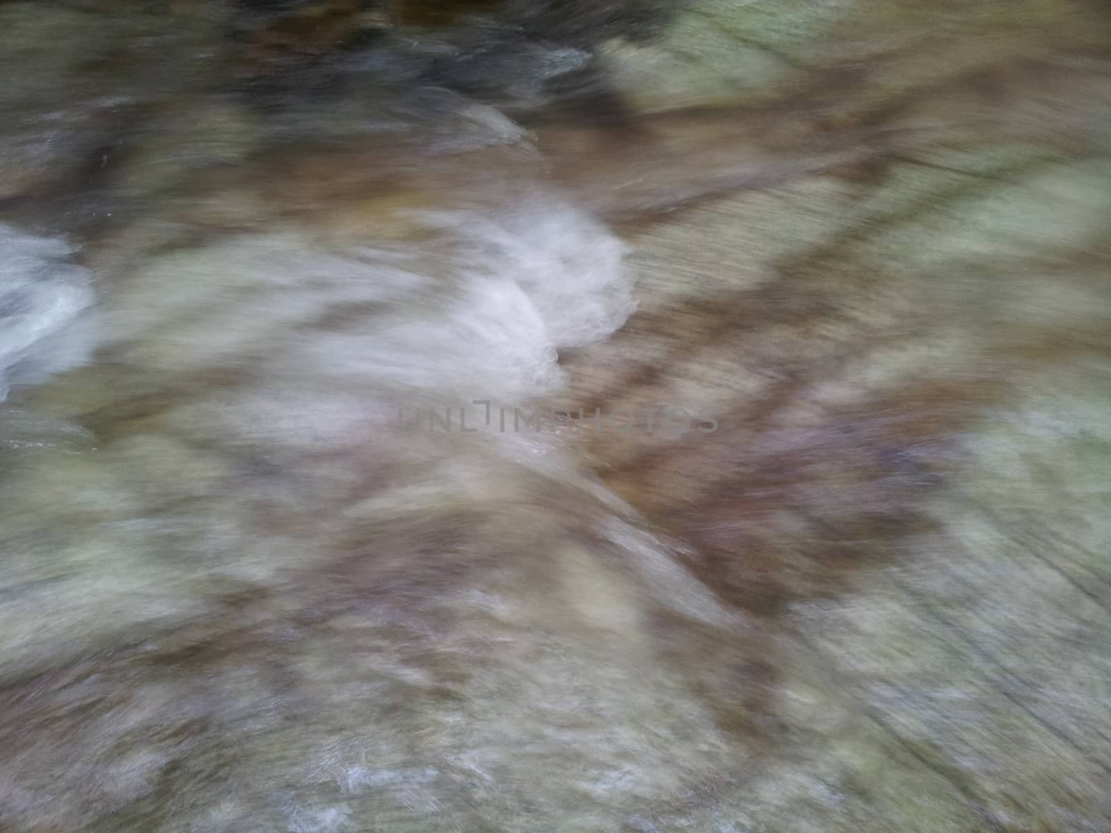 Blurred or unfocused view of flowing water stream in between stones. Flowing water background for texture and advertisements