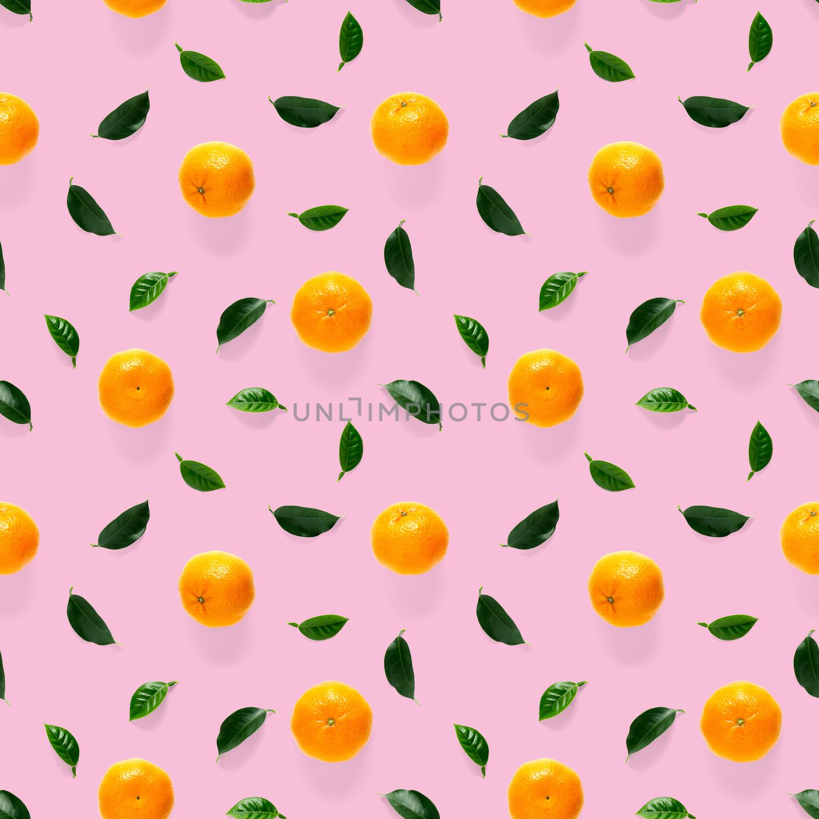 Mandarin seamless pattern, tangerine, clementine isolated on pink background with green leaves. Collection of fine Mandarine seamless patterns.