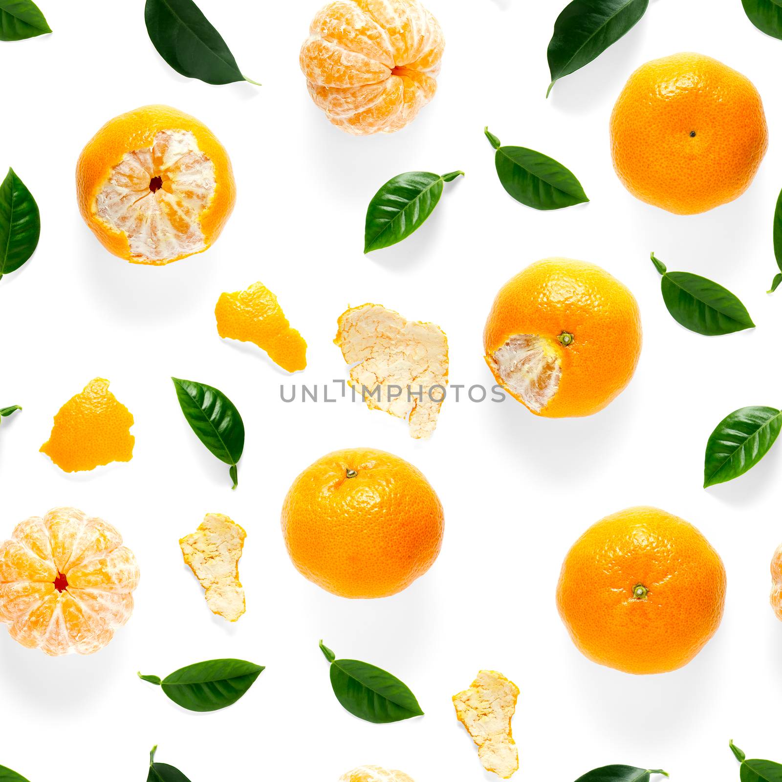 Mandarin seamless pattern, tangerine, clementine isolated on white background with green leaves. Collection of fine Mandarine seamless patterns.