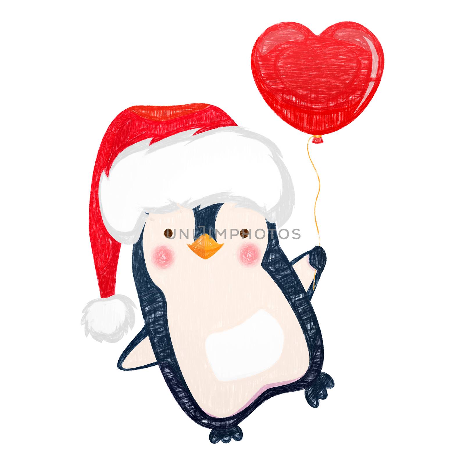 Christmas penguin holding balloon. Cute animal illustration