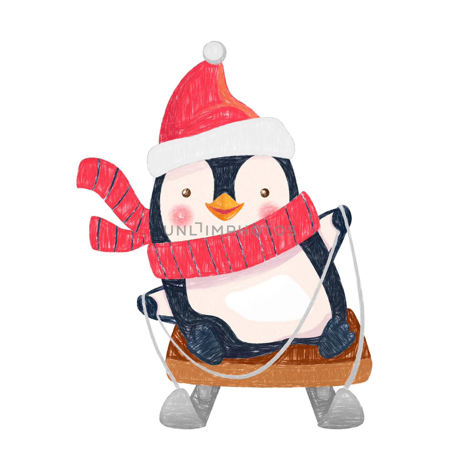 Penguin on sled. Christmas penguin cartoon illustration.