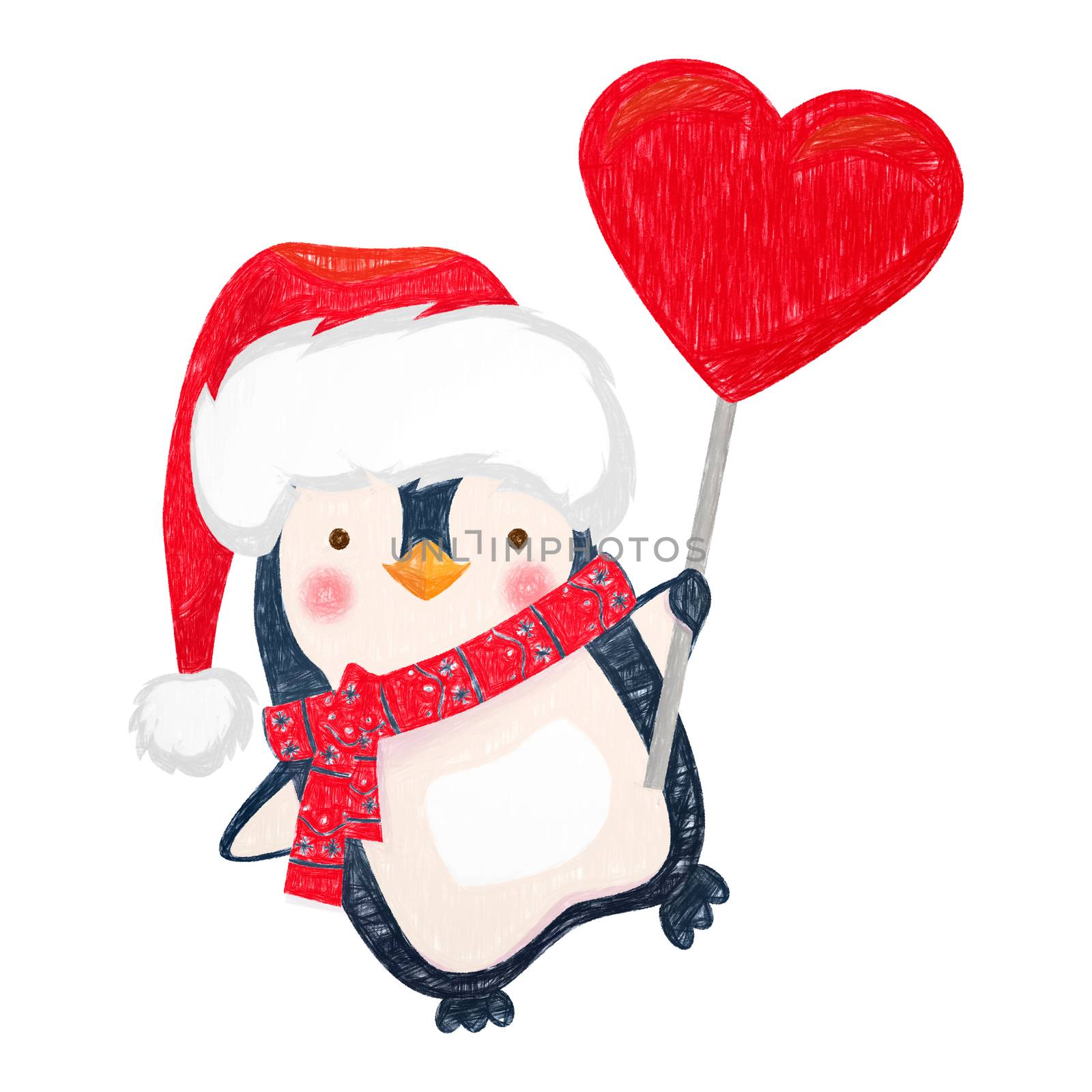 Christmas penguin holding heart sign. Penguin cartoon illustration.