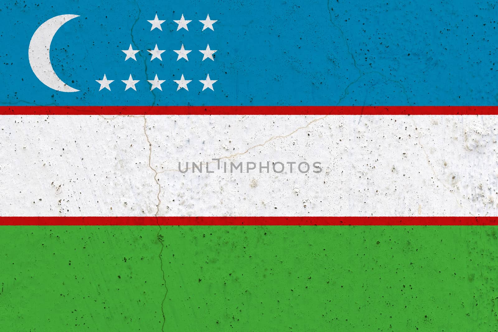 Uzbekistan flag on concrete wall. Patriotic grunge background. National flag of Uzbekistan