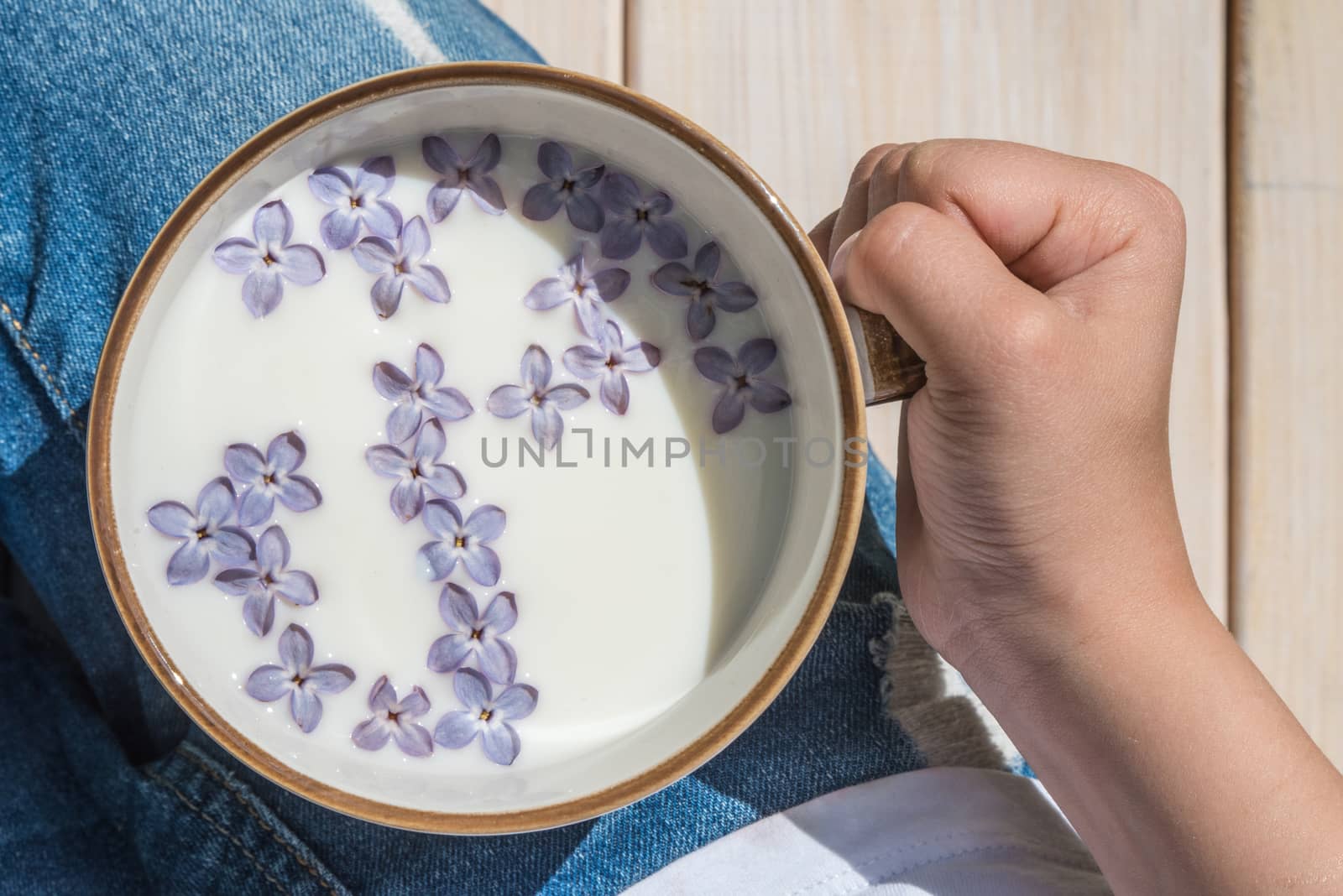 Cup with milk and small purple lilac flowers with hand, matte natural still life