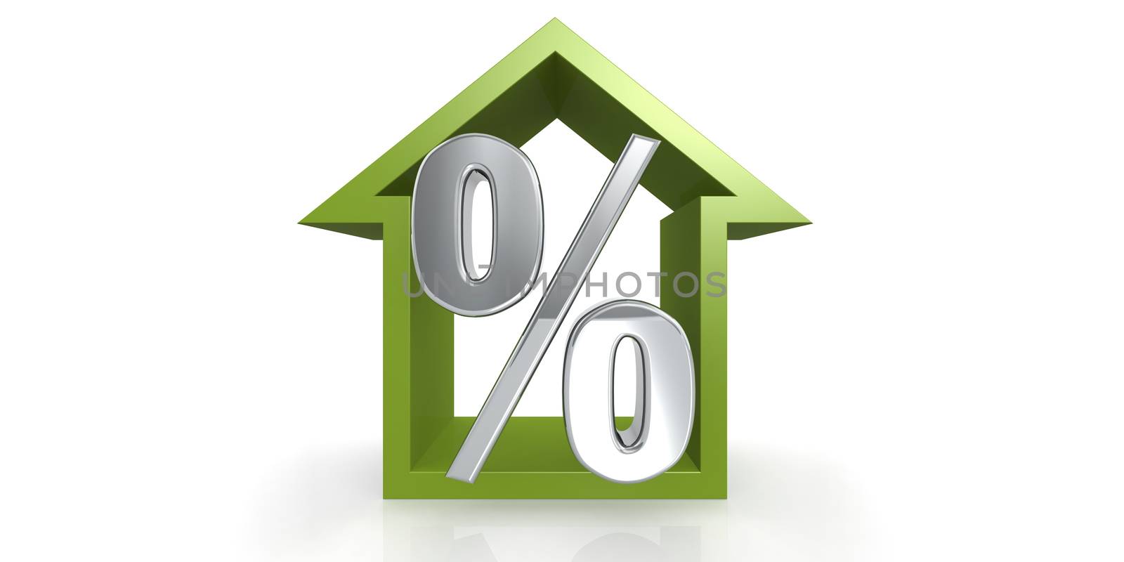 Green house with percentage sign, 3D rendering