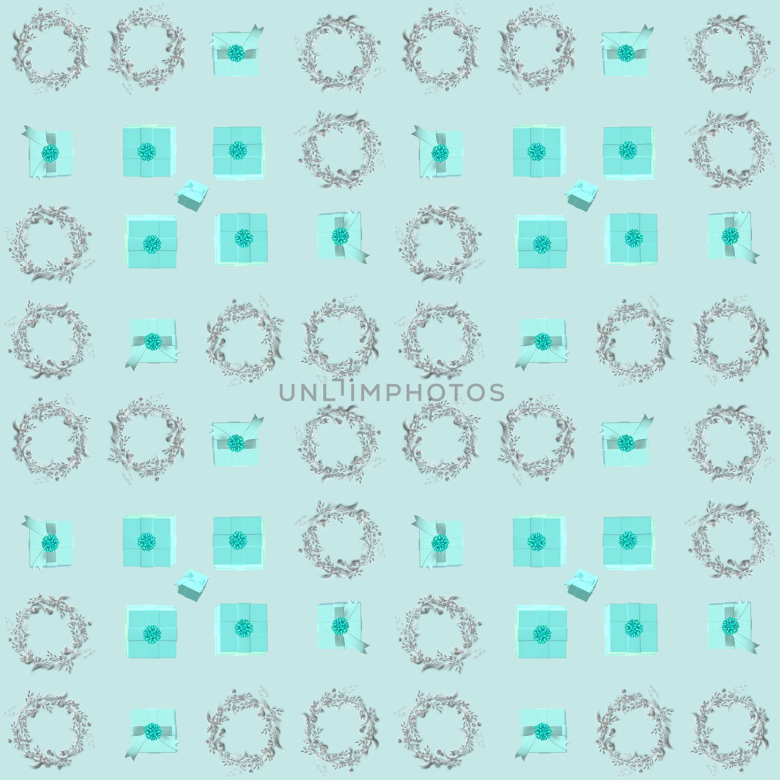 Gift boxes seamless pattern. Beautiful seamless pattern with baby blue gift boxes, silver floral wreath for print, wrapping package gift box in 3D render
