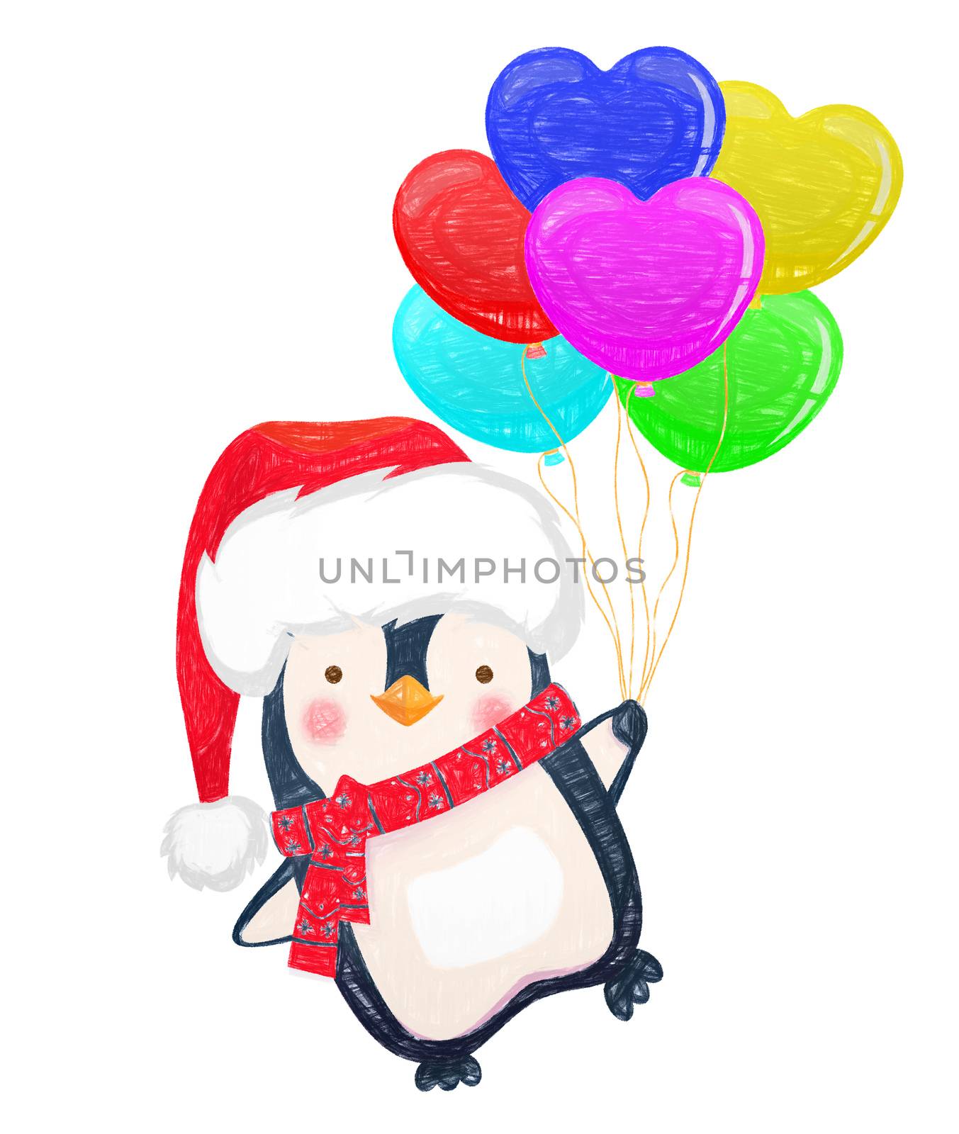 Christmas penguin holding balloon. Cute animal illustration