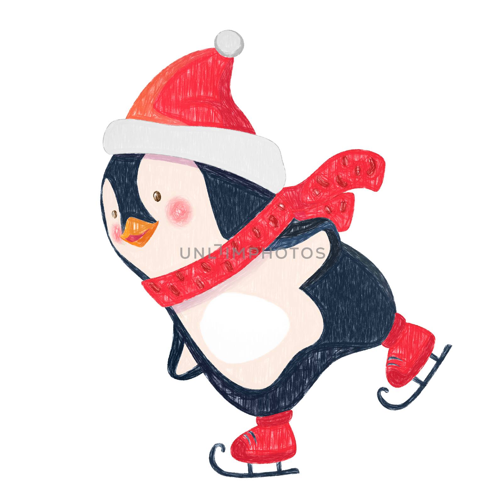 Penguin cartoon. Penguin ice skates on ice skating rink in the winter illustration.