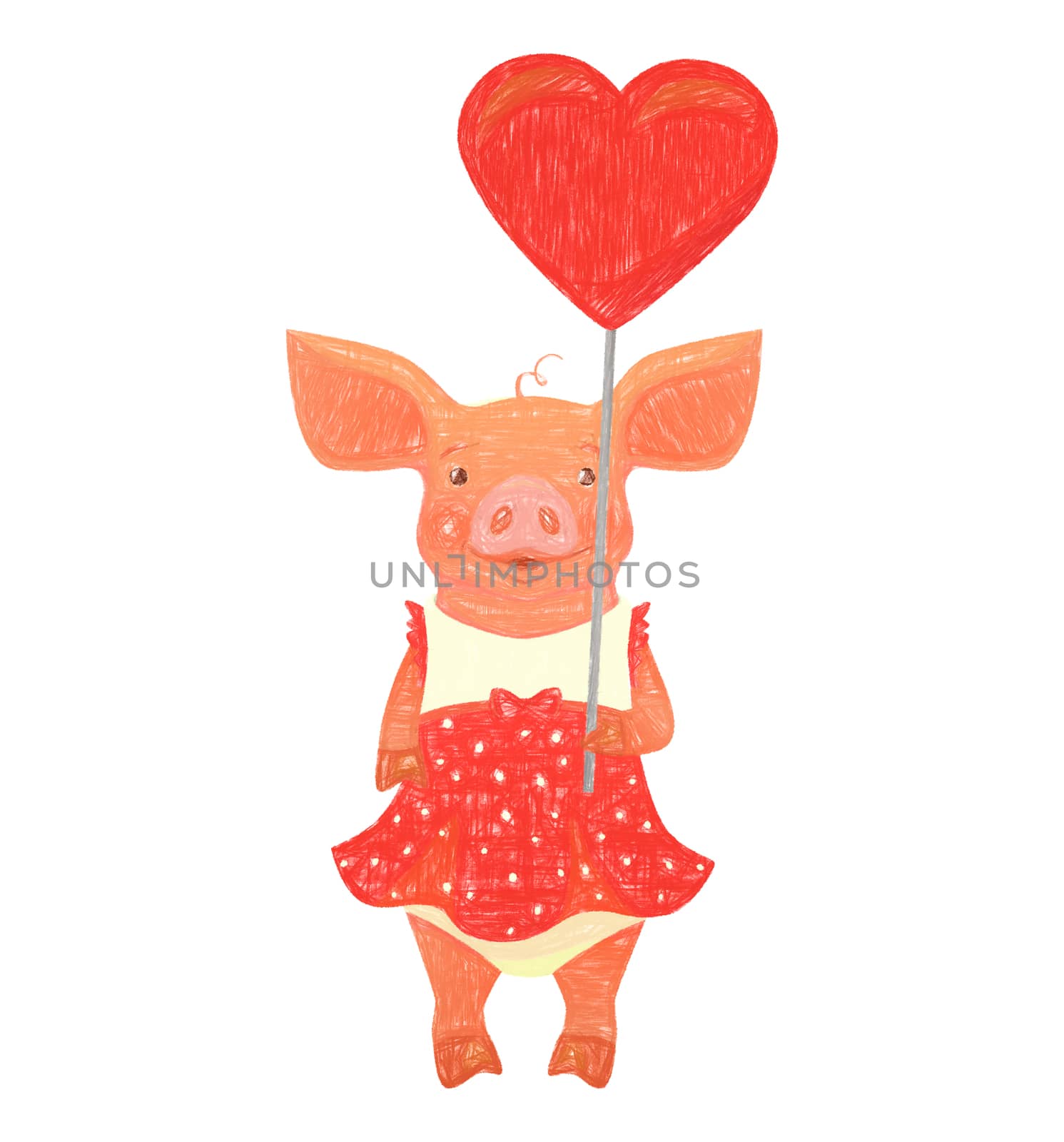 Cute pig holding heart . Cute animal. Heart sign illustration. Pig in overalls