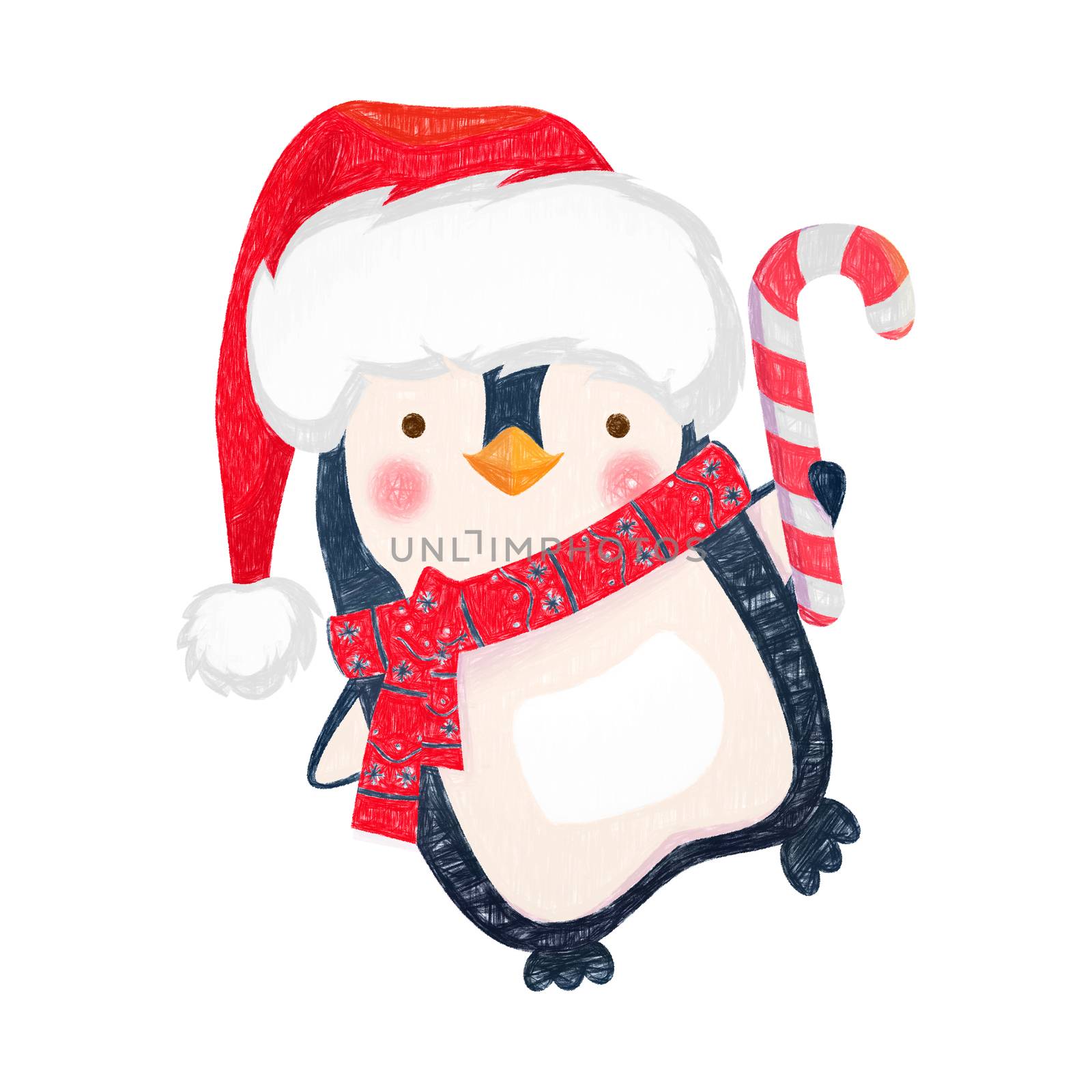 Christmas penguin cartoon illustration. Penguin with christmas candy