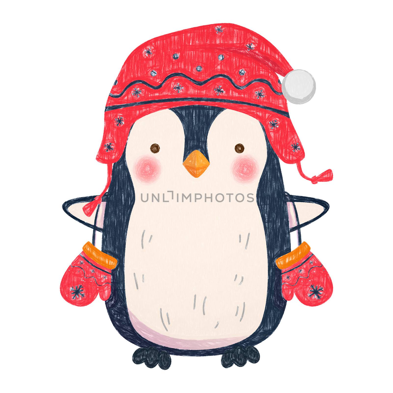 Penguin cartoon illustration. Penguin in hat and mittens