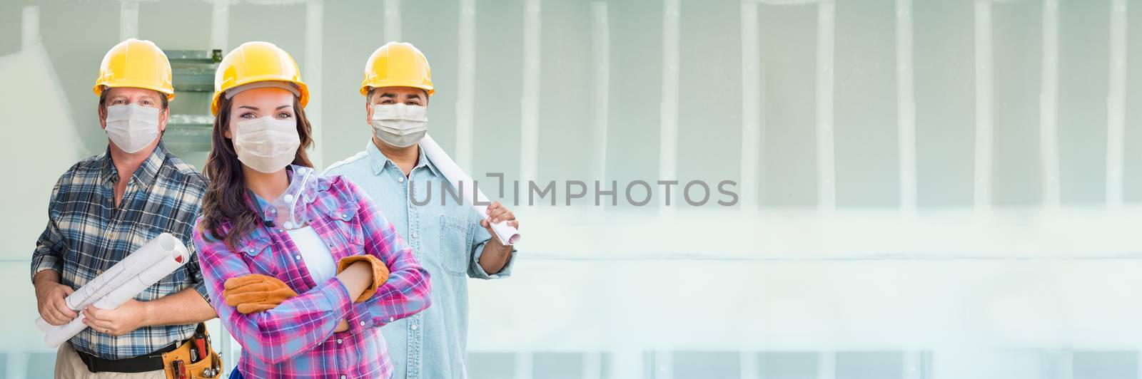 Female and Male Contractors In Hard Hats Wearing Medical Face Masks At Construction Site During Coronavirus Pandemic Banner.