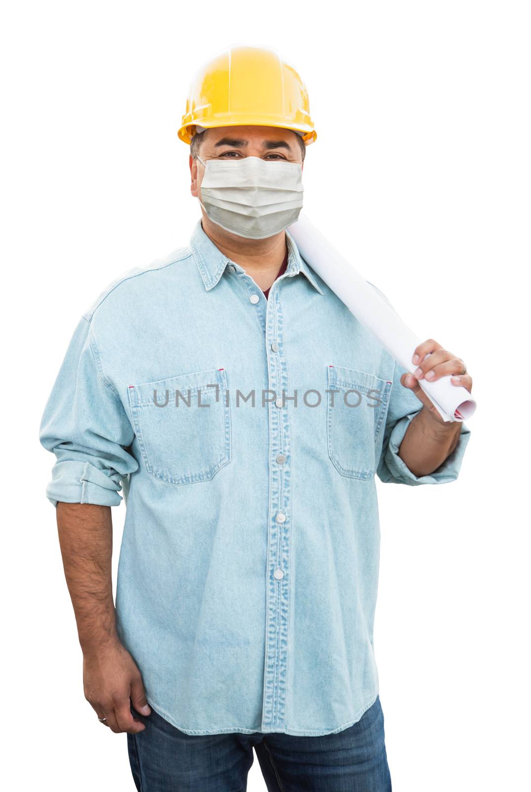 Male Contractor In Hard Hat Wearing Medical Face Mask During Coronavirus Pandemic Isolated on White.