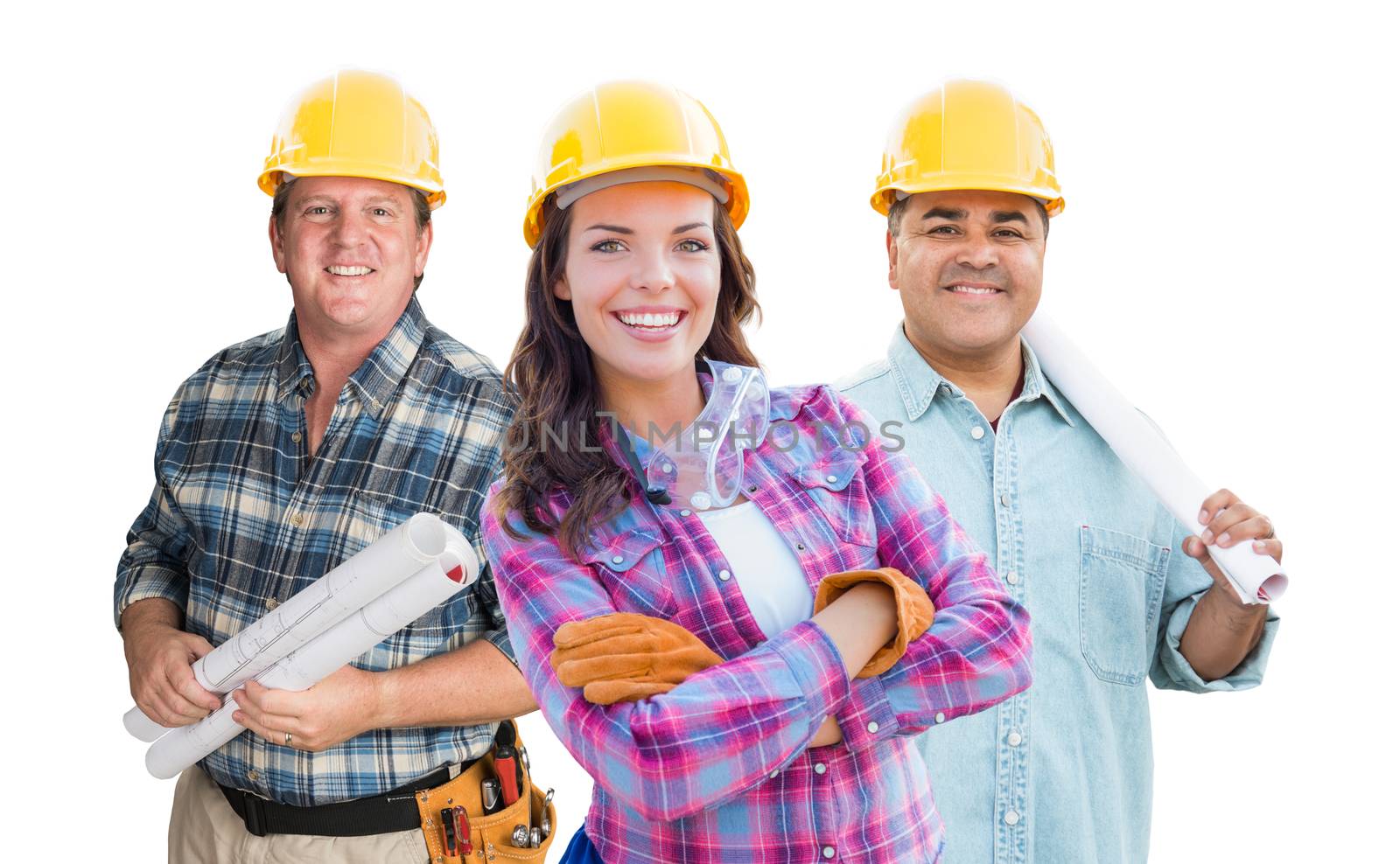 Female and Male Contractors In Hard Hats Isolated on White Backg by Feverpitched