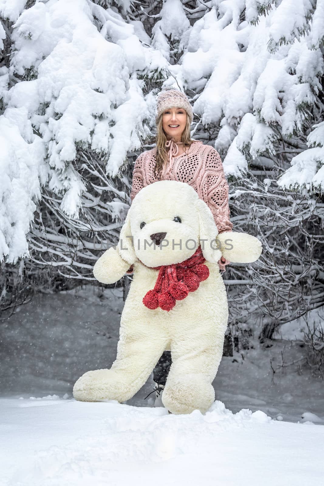 Woman out in the snow with a large soft toy by lovleah