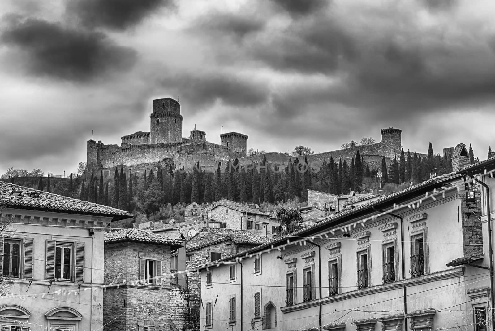 View of Rocca Maggiore, medieval fortress dominating the city of Assisi, one of the most beautiful medieval towns in central Italy