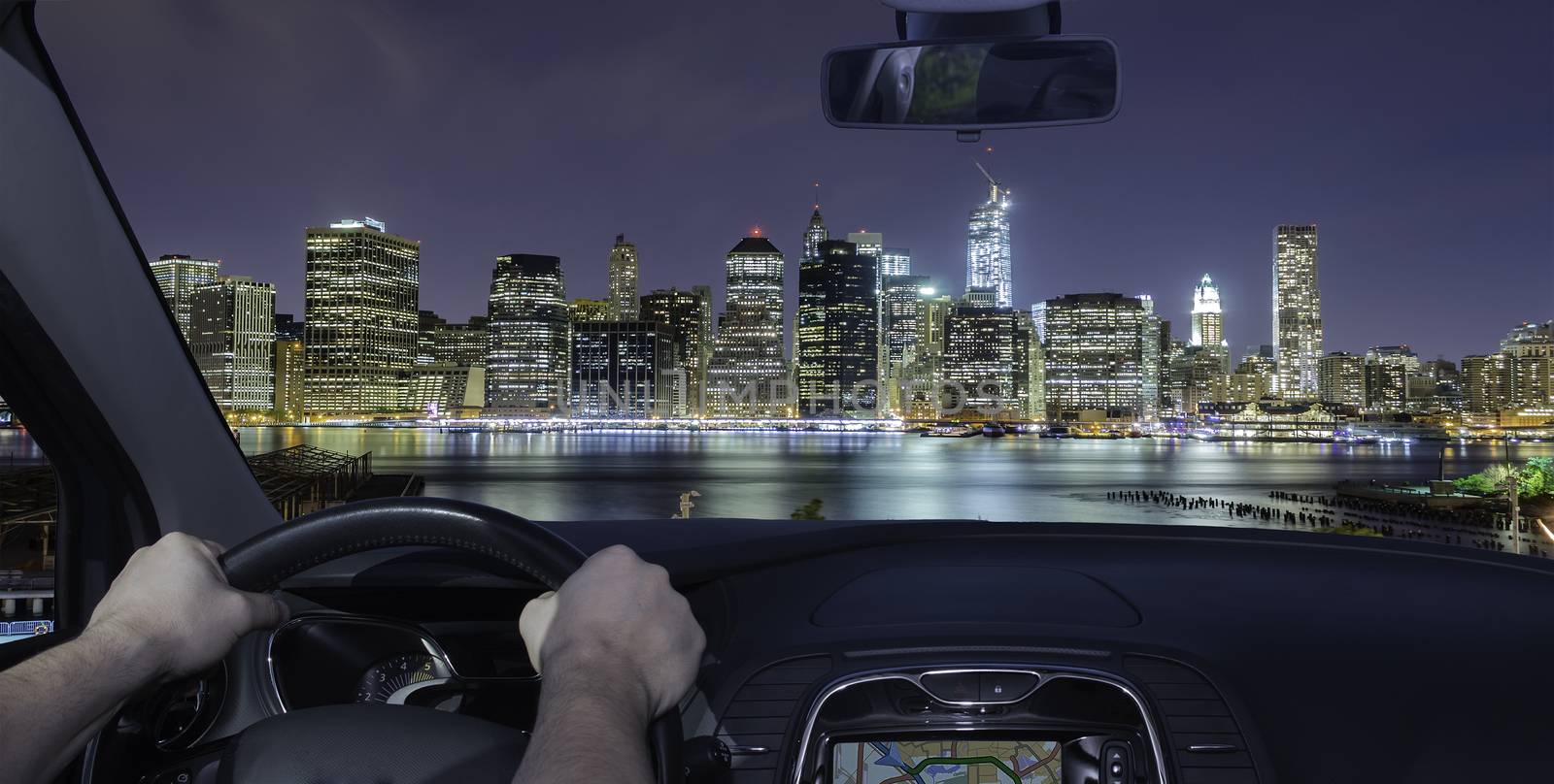 Driving a car towards Manhattan skyline, New York, USA by marcorubino